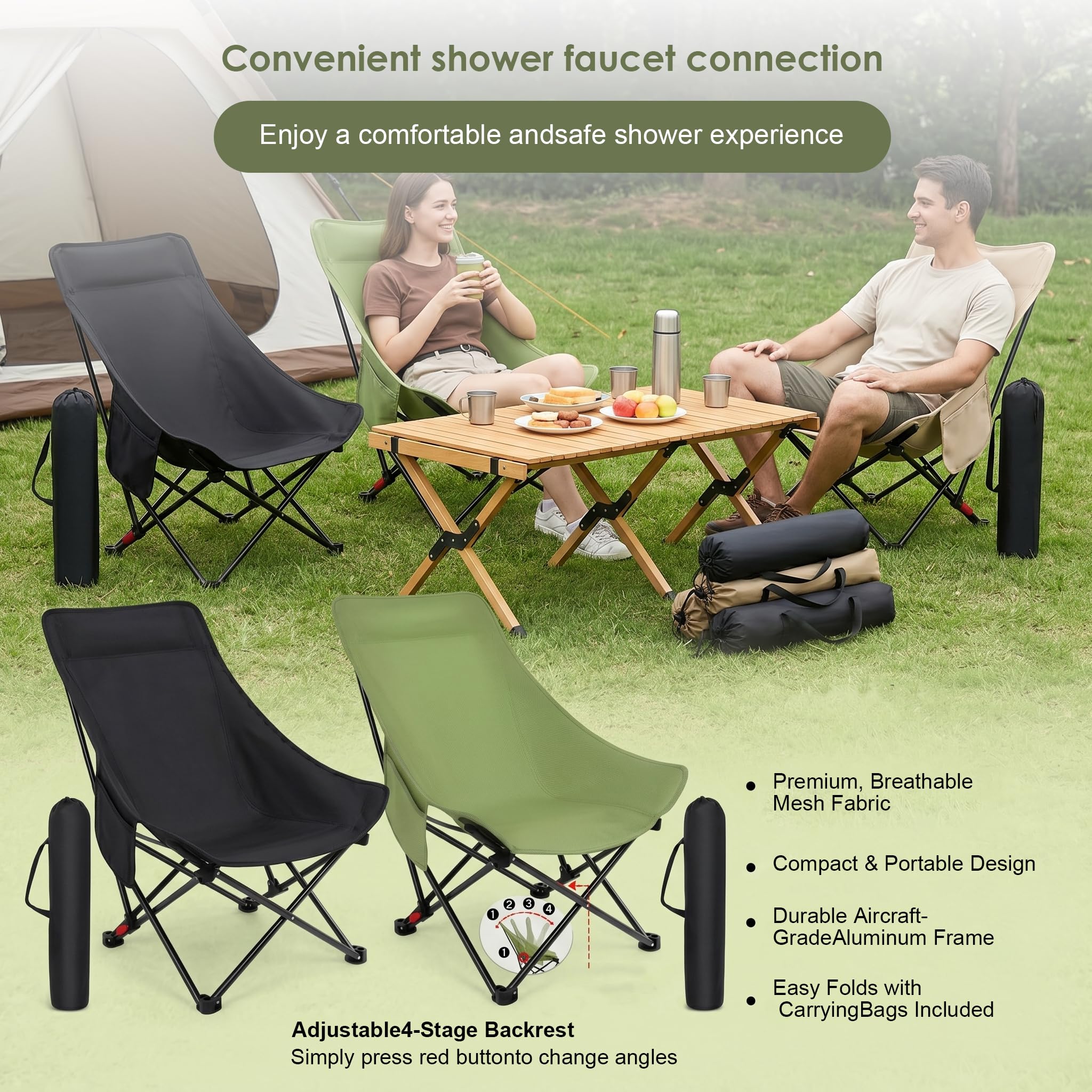 Chaise de camping à dossier haut, pliable, 150 kg, ultra légère, portable, avec 2 poches latérales, chaise pliante de camping, de pêche, avec sac de transport, chaise pliante pour camping, plage