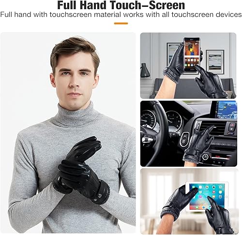 Miniatura 4 de Aegend Guantes de cuero para hombre, forro suave y cálido de mano completa, pantalla táctil de mano completa, regalo de invierno térmico negro