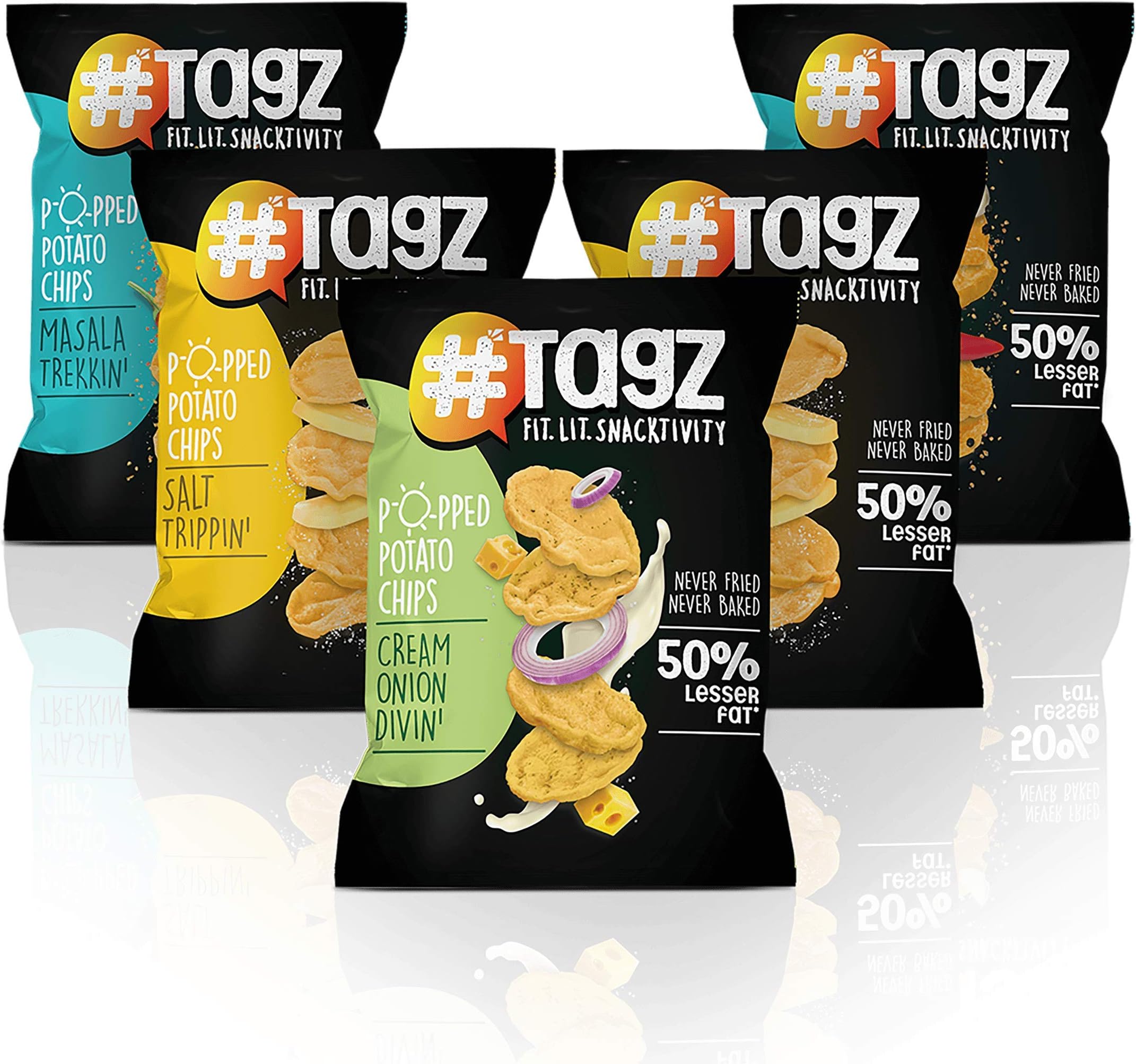 TagZ Popped Potato Chips I Low Fat Chips I Healthy Snacks I No Trans Fat I No Artificial Additives (2 Salt+2 Masala+1 Cream - Pack Of 5)