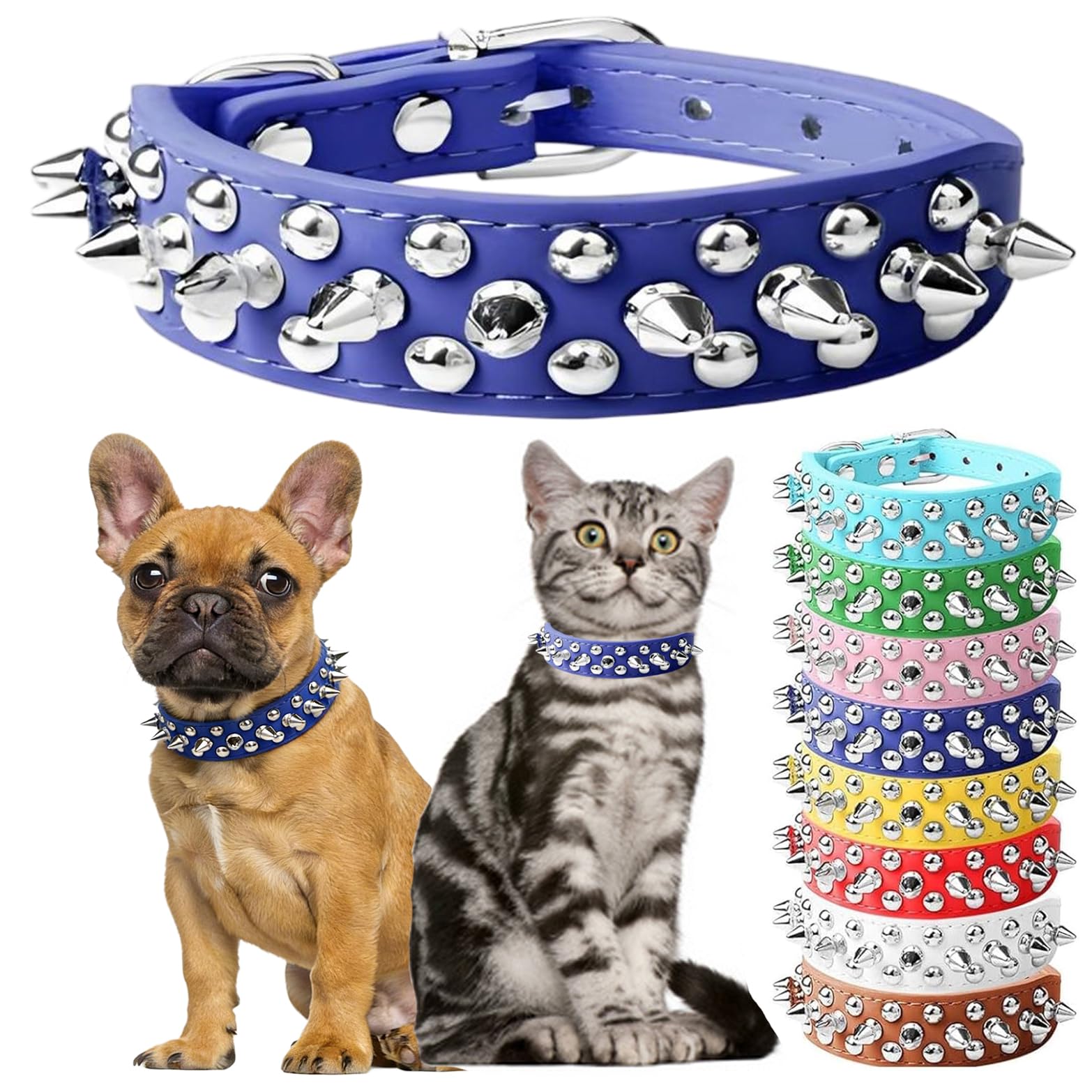 Dog Collar with Spikes, Male Spike Puppy Collars PU Leather Mushrooms Rivet Boy Studded Cat Collars Adjustable for XXS XS Medium Large Dogs, Blue, M