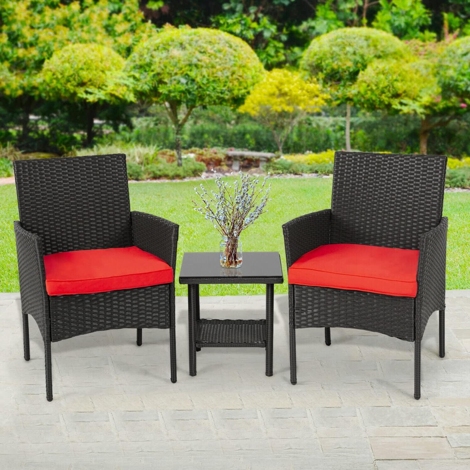 Bistro Set- 3 Pieces Outdoor Patio Furniture Wicker Table and Chairs Set, Black/Red-Outdoor Seating, Fully Enjoy Leisure Time