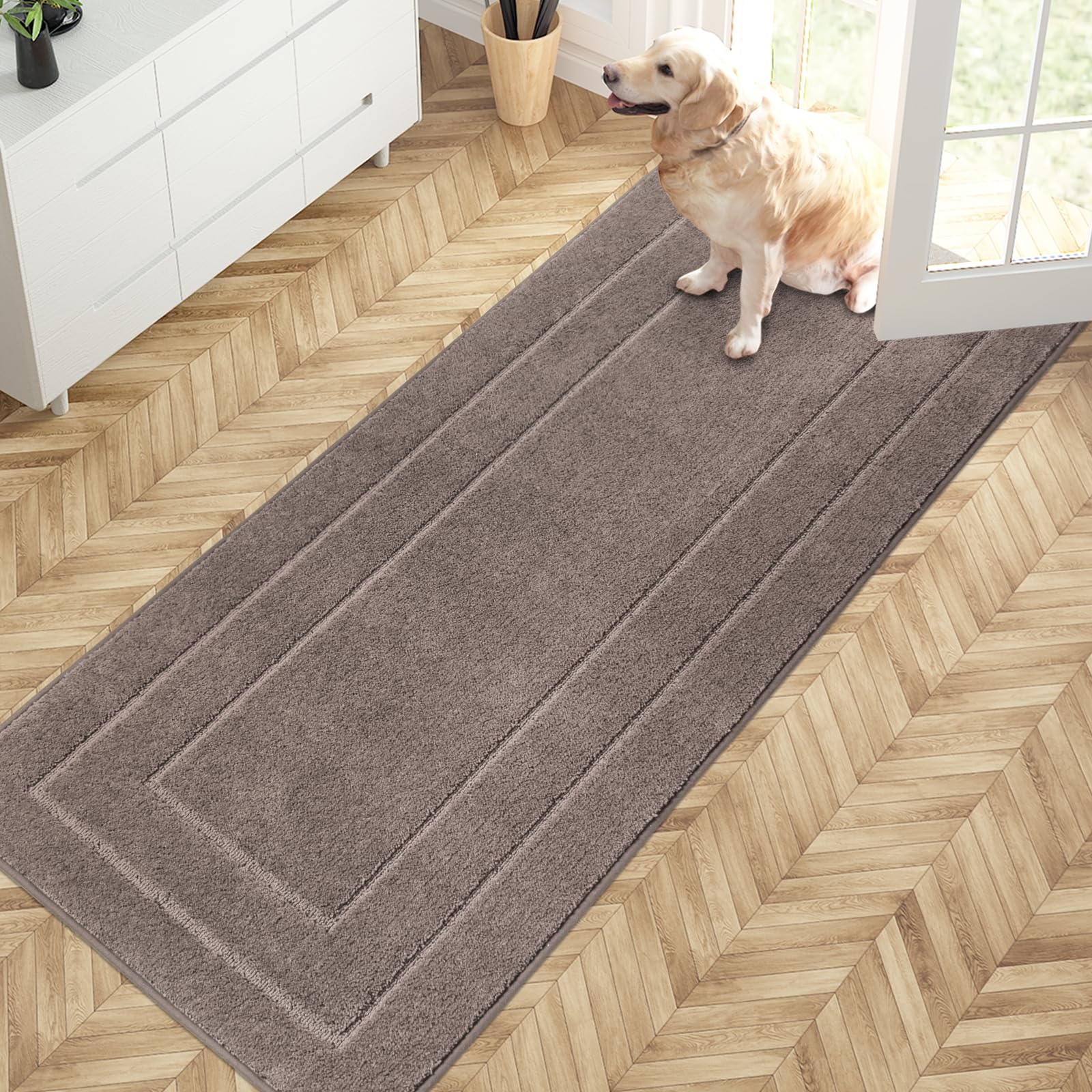 PURRUGS Dirt Trapping Door Mat 32" x 70", Non-Slip/Skid Machine Washable Entryway Rug, Dog Doormat, Super Absorbent Welcome Mat for Muddy Wet Shoes and Paws, Grayish Brown