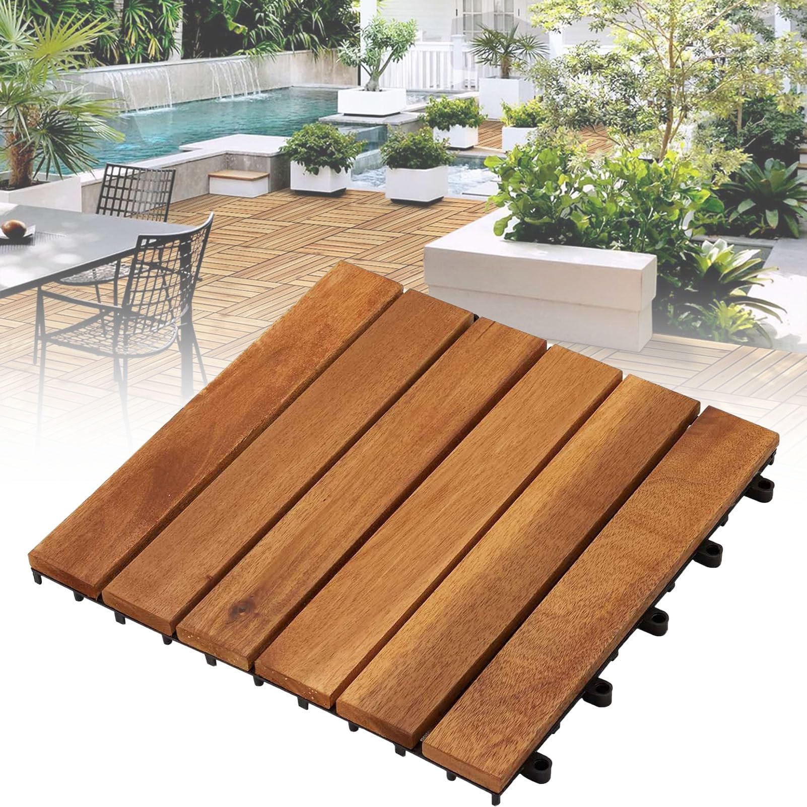 Piastrelle Antiscivolo per balconi e spazi Esterni 6-Slat-12pc | Piastrelle a incastro in legno di acacia (30x30 cm) con base drenante; resistenti alle intemperie, ideali per giardino