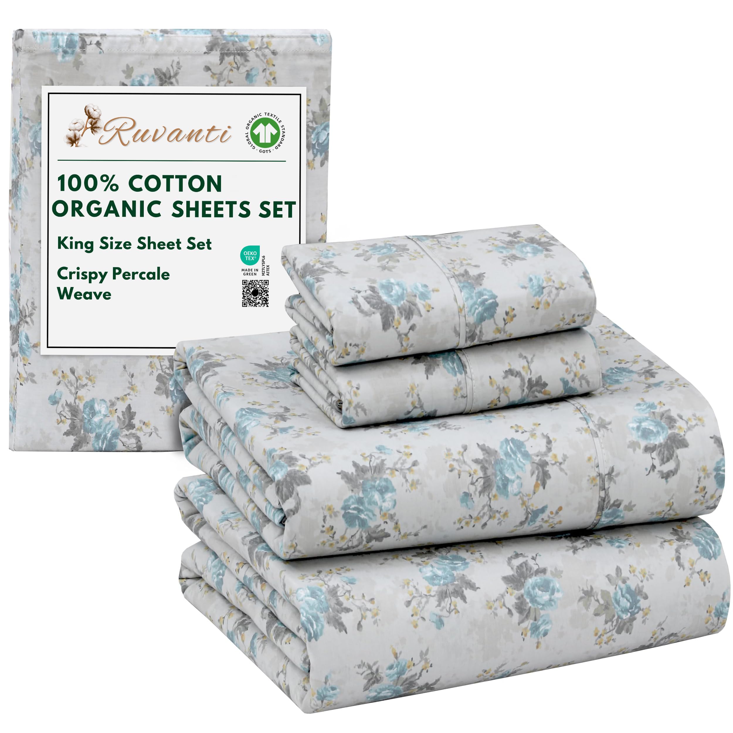 Ruvanti Blue Rose 100% Organic Cotton Sheets King Size, Percale Weave, Gots Certified, 4-Piece Set, Deep Pocket 15", Crisp & Breathable, Soft Durable Bedding, Sábanas Algodón Orgánico –
