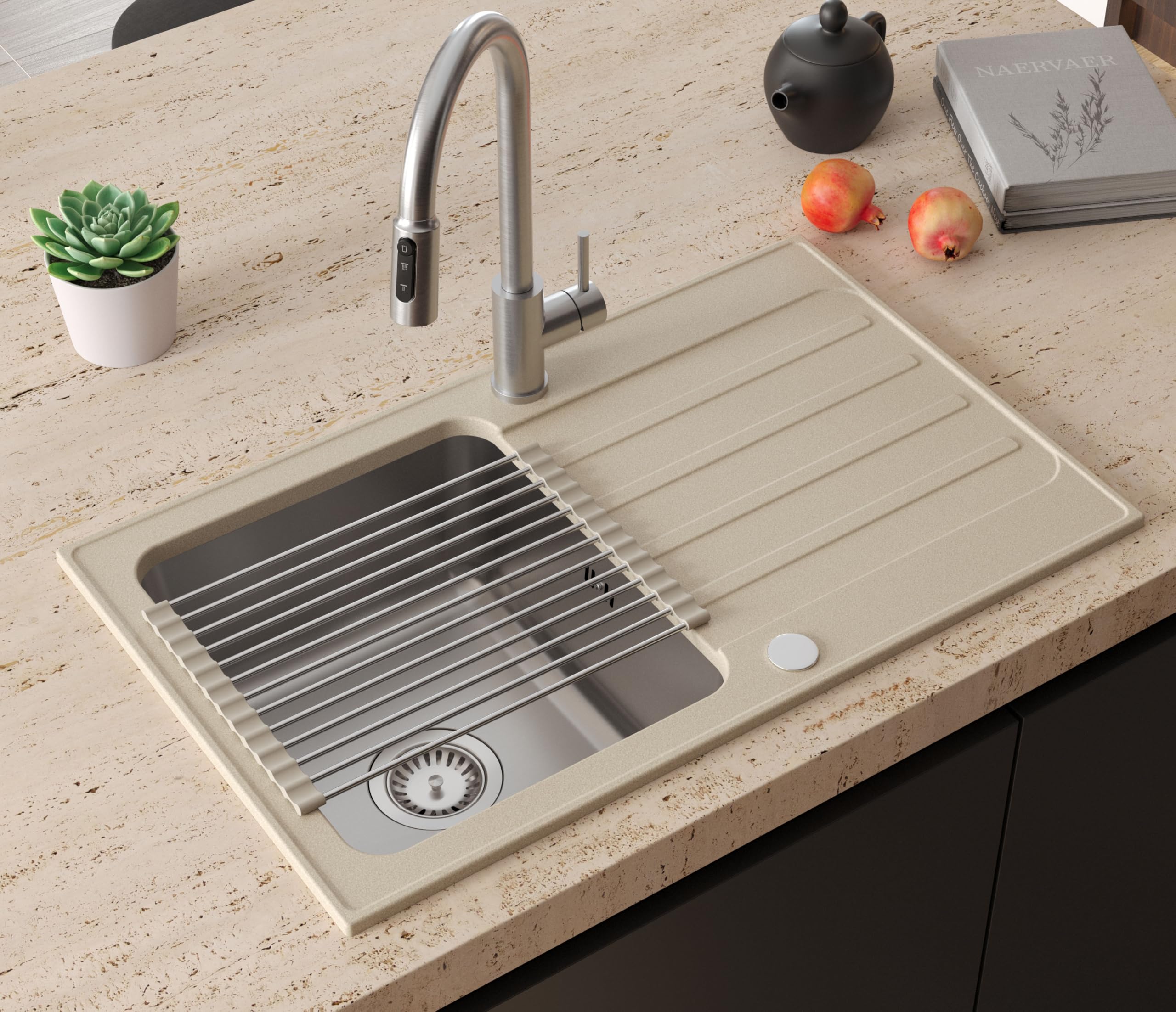QUADRON Fregadero Beige | tamaño 78 x 48 cm | fregadero de acero inoxidable KENNETH 111 Fregadero de cocina de un seno | granito y acero inoxidable | con sifón y tapón de rosca | con escurridor
