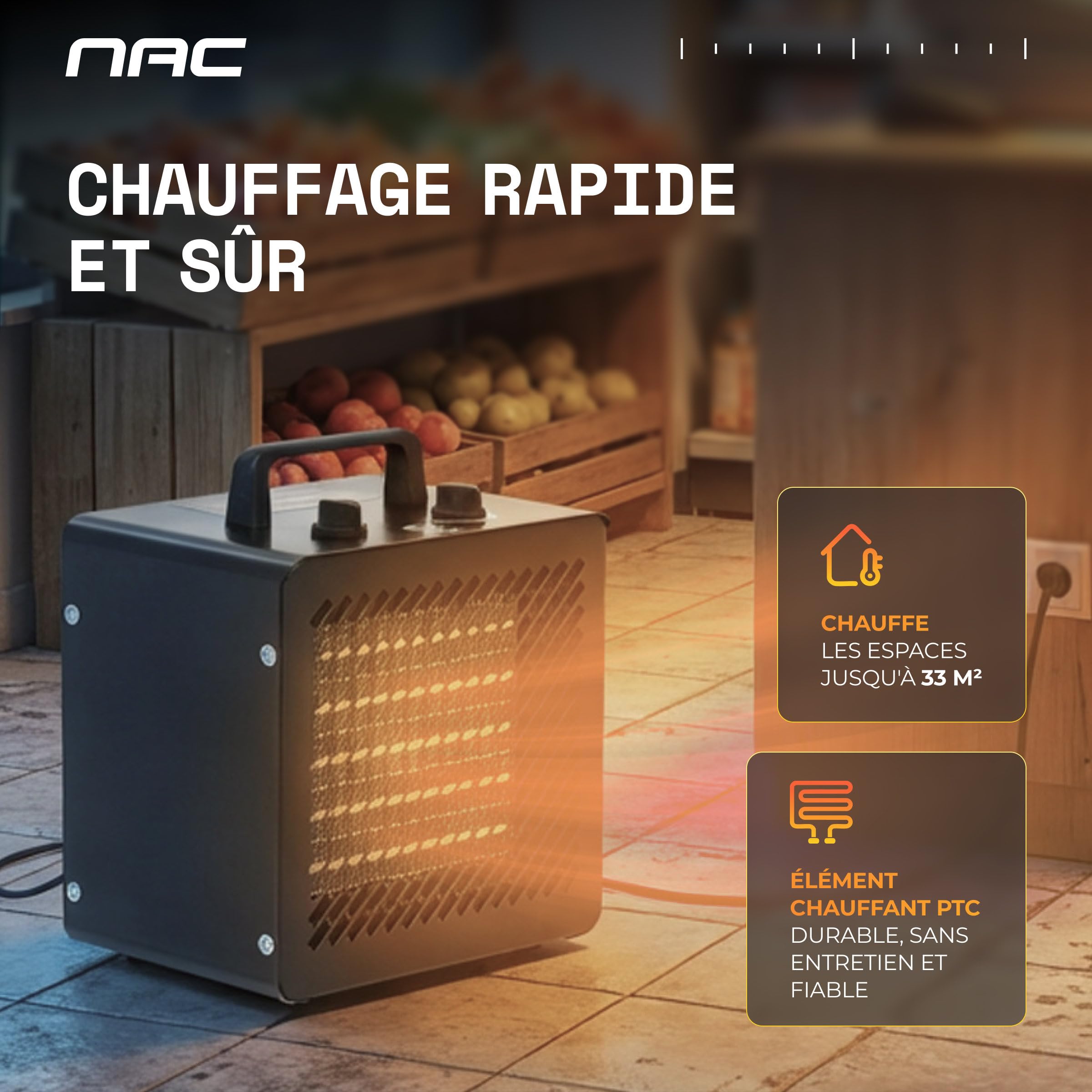 NAC Chauffage Soufflant Electrique 3000W - Radiateur Electrique Mobile avec Thermostat & 3 Niveaux de Chaleur – Chauffage Industriel Céramique pour Garage Atelier Chantier Serre - Canon Air Chaud