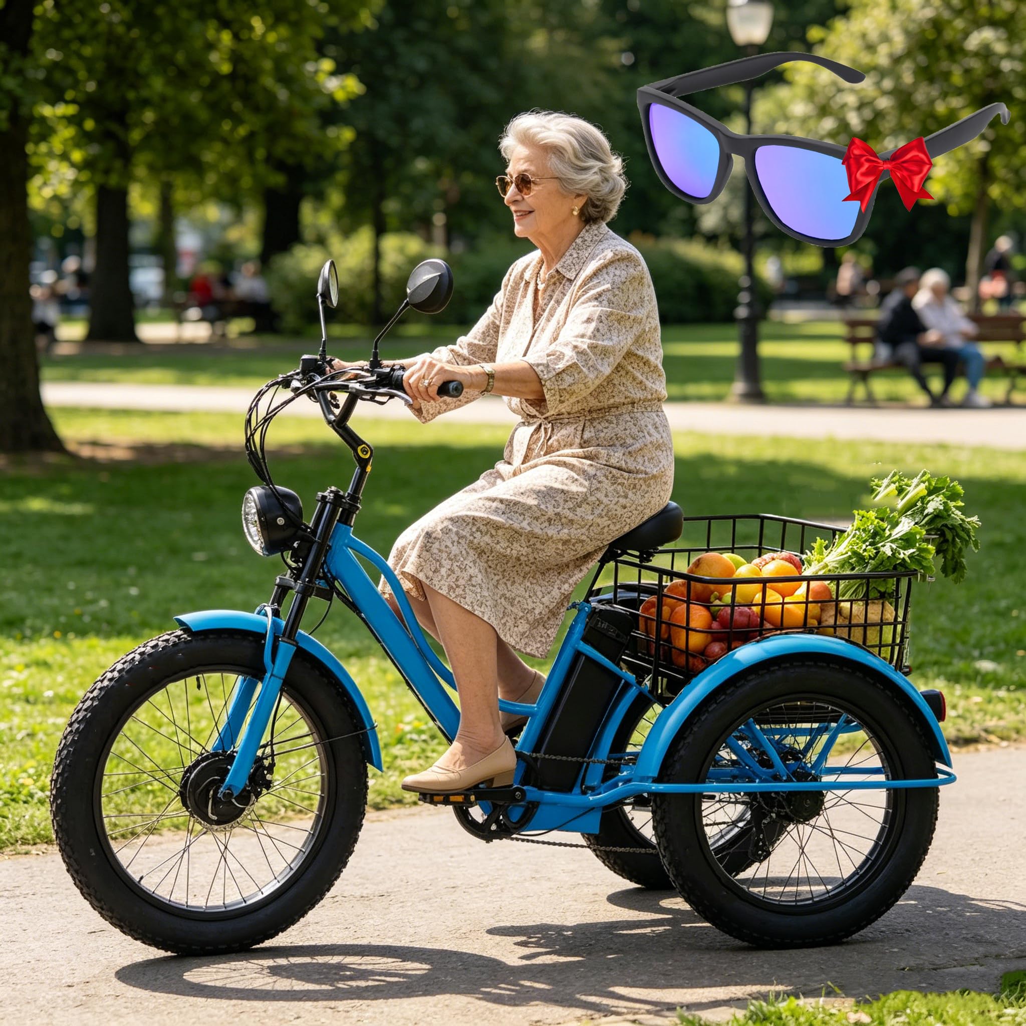 LISTaRSw 24 Inch Adult Electric Tricycle W/Basket, Electric Cargo Tricycle for Seniors, Lcd Screen, Carbon Steel Frame, Fat-Tire Tricycle for Adults, 200kg Load Capacit Blue
