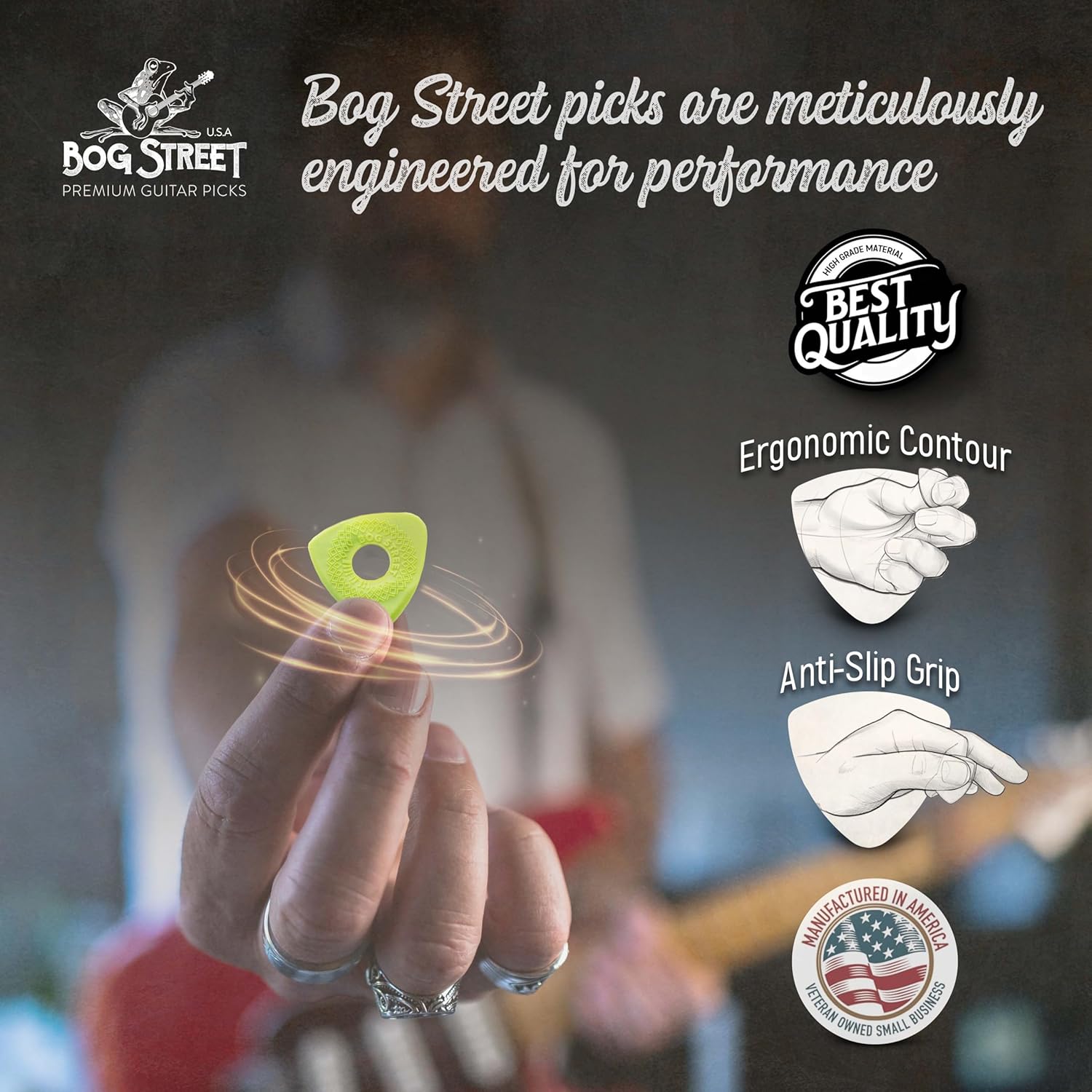 Bog Street Textured AXE Series Ergonomic Guitar Picks Thin Guitar Pick Pack of 6 with CUT, BLADE & BATTLE AXE Picks for Guitar - Made in USA Non Slip Guitar Picks Thick and Thin Pack