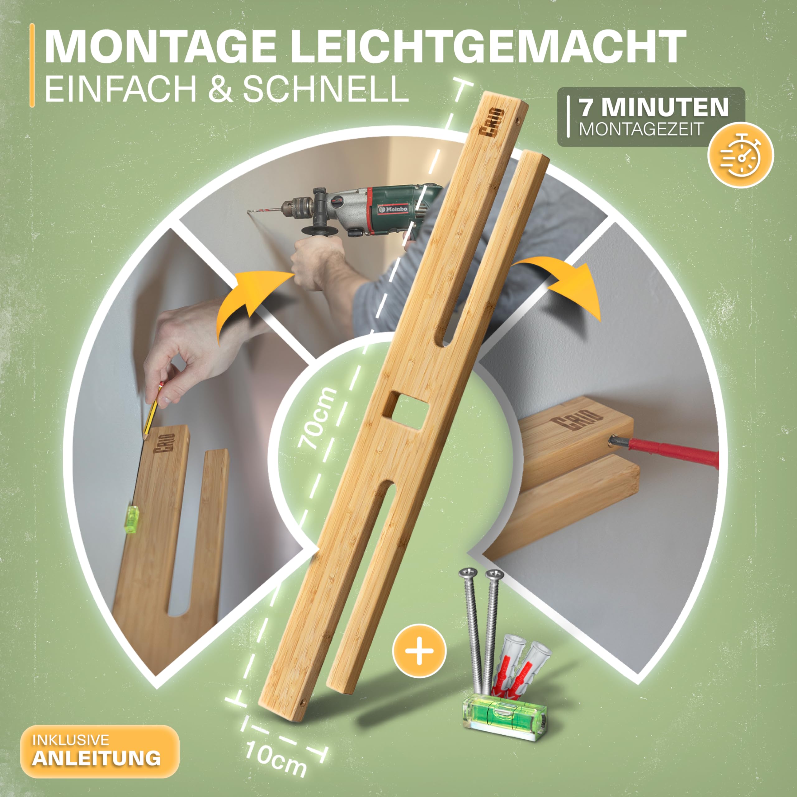 CRID Doppel Skateboard Wandhalterung aus Bambus - Universal Halterung für 2 Skateboards, Longboard, Snowboard, Wakeboard, Balance-Board - Inkl. gratis Montagekit - Modernes Design (Vertikal Halterung)