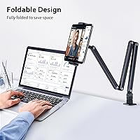 Vista 4 de Tablet Desk Stand Holder, Extendable Arm Table Mount for iPad, Aluminum 360° Rotating Bracket with Metal Base, Compatible with 4.7-13 Inch Tablets