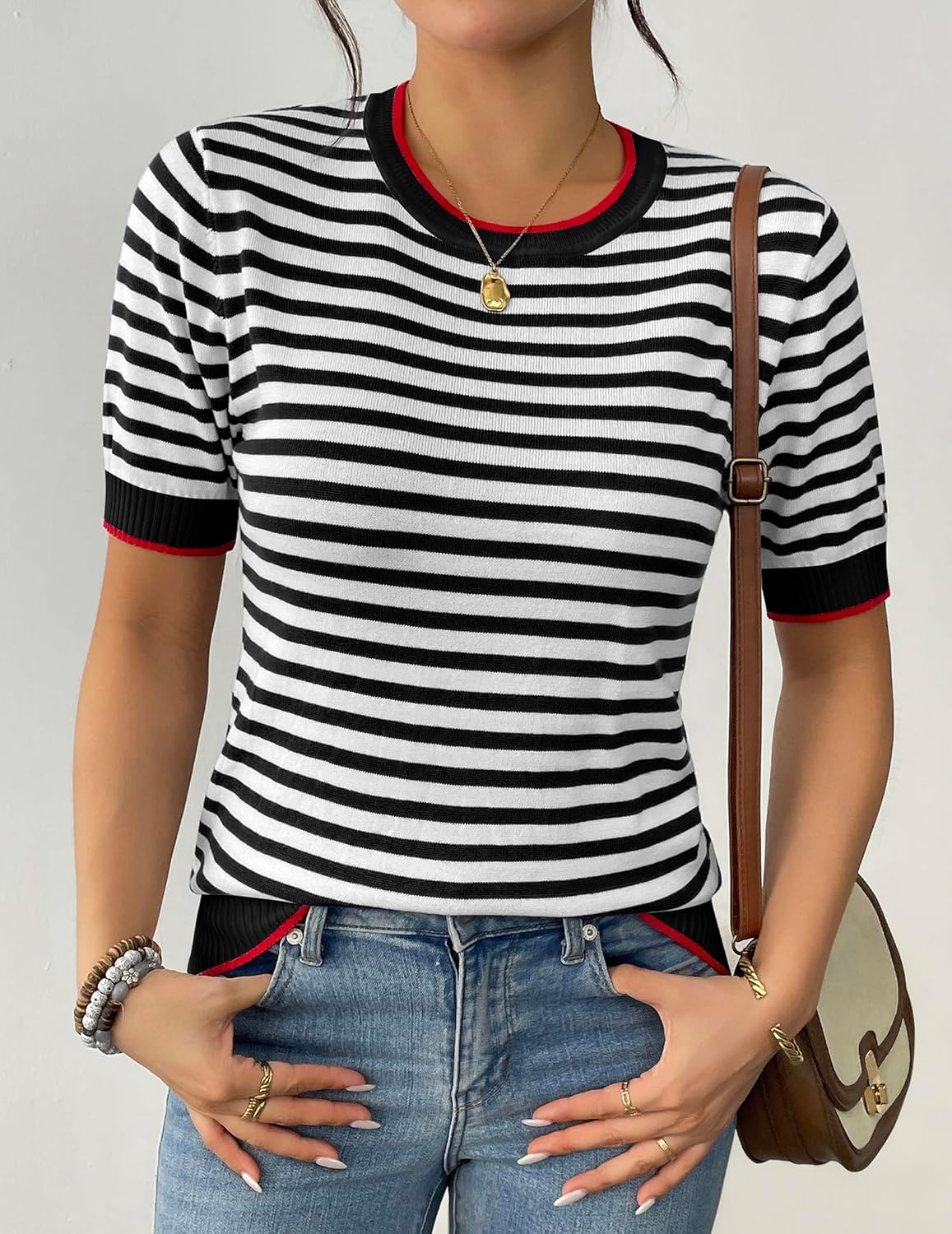 Zeagoo Womens Summer Tops Casual Short Sleeve Striped Sweater Shirt Crewneck Color Block Knit Blouses - Image 3