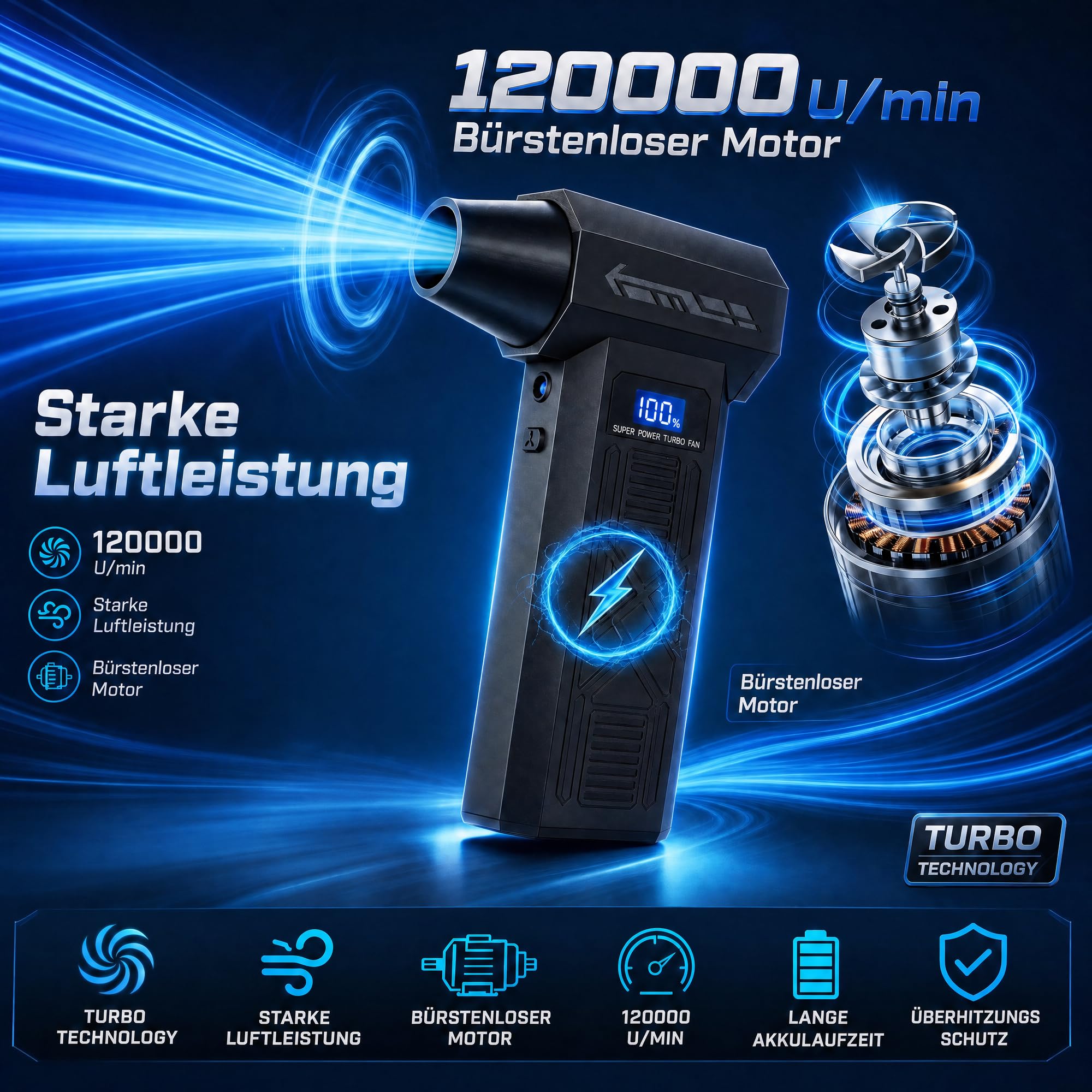Soffiatore Aria Elettrico 120000 RPM, Aria Compressa Elettrica | Ricaricabile 5200 mAh, Motore Brushless, 4 Velocità, Display LED, Kit Pulizia PC per Tastiera, Computer ed Elettronica