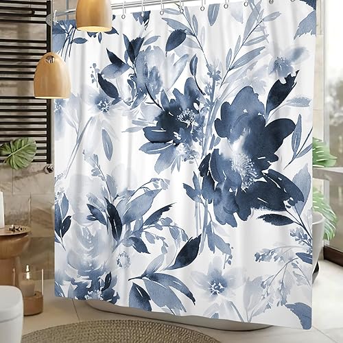 Miniatura 8 de Cortina de ducha floral azul marino con estampado de flores de tinta y flores en acuarela, impermeable, tela lavable, decoración de bañera, juego de