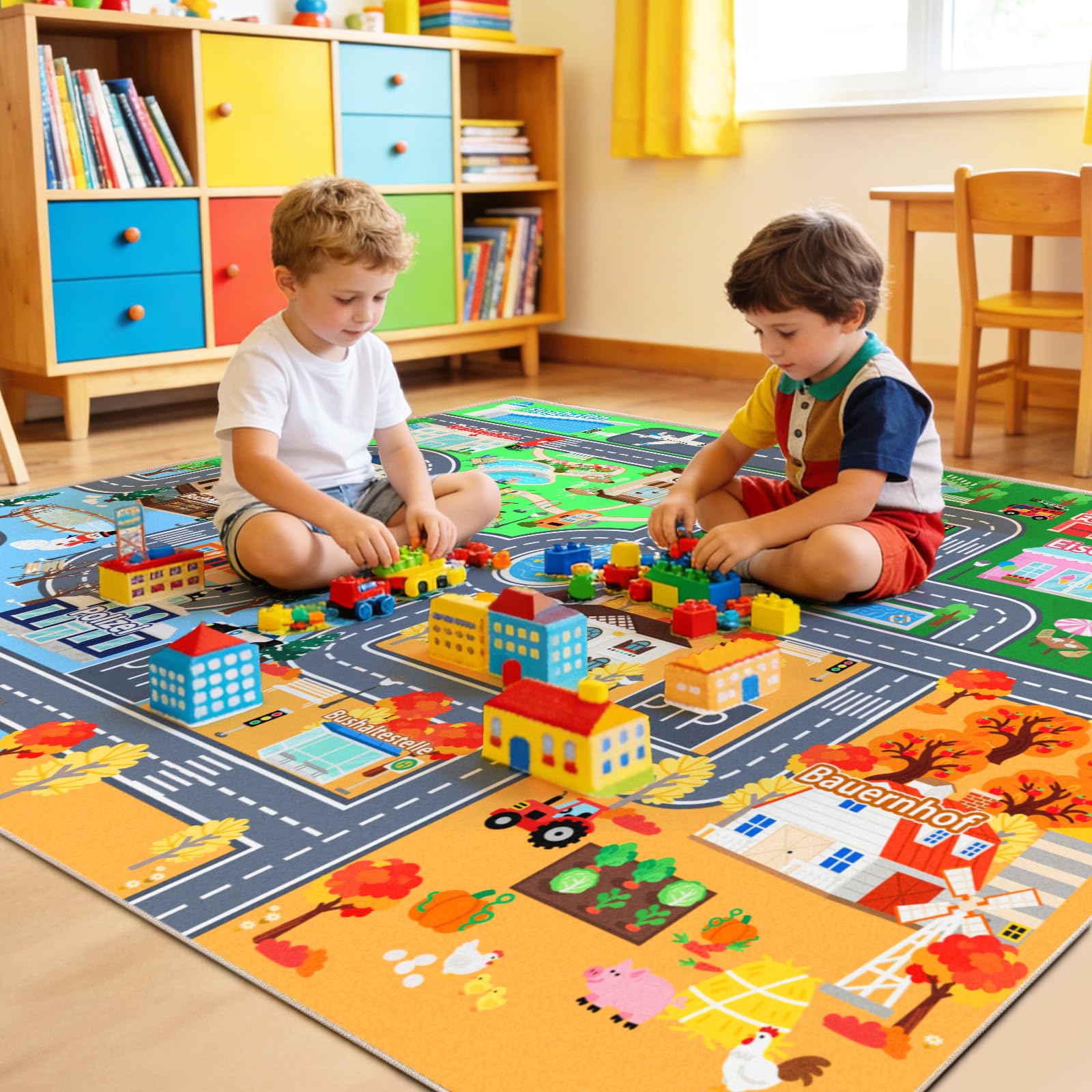Kinder Autoteppich für Spielzimmer 120 x 160 cm, Waschbare Spielmatte | Straßenteppich Kinder, Rutschfester Kurzflor Teppich für Kinderzimmer, Spielteppich für Jungen und Mädchen