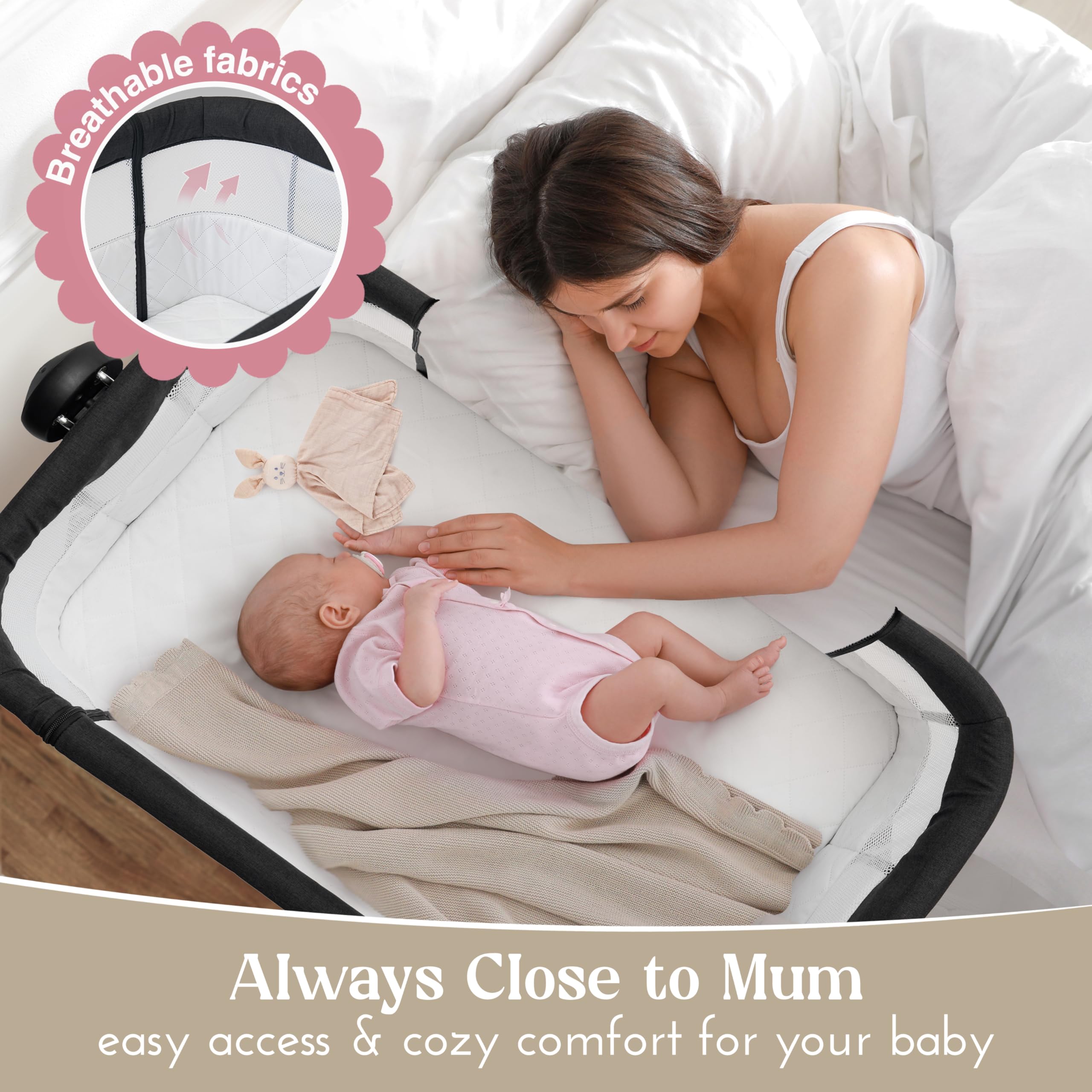 LullaBee Łóżko dostawne i Baby Co-Sleeper – 6 poziomów wysokości, funkcja huśtawki, rolki, pikowany materac, boki z siatki z moskitierą, składane łóżko z torbą do przenoszenia (0-6 miesięcy) – czarny