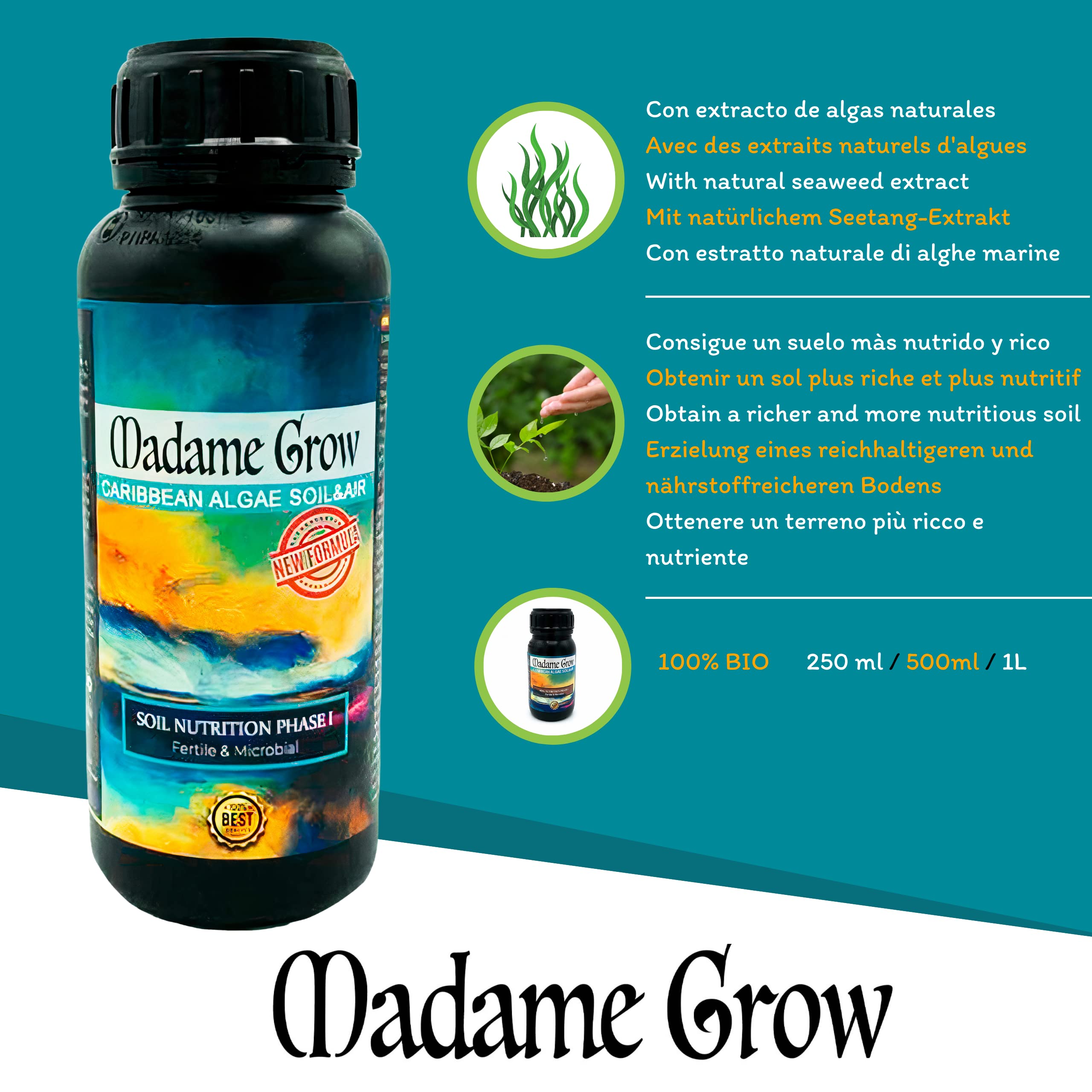 Madame Grow Kit Fertilizzanti Organici 3x500ml - Concimi Biologici Superconcentrati, Ciclo Completo Crescita e Fioritura per Piante, Vegetal Bioplant
