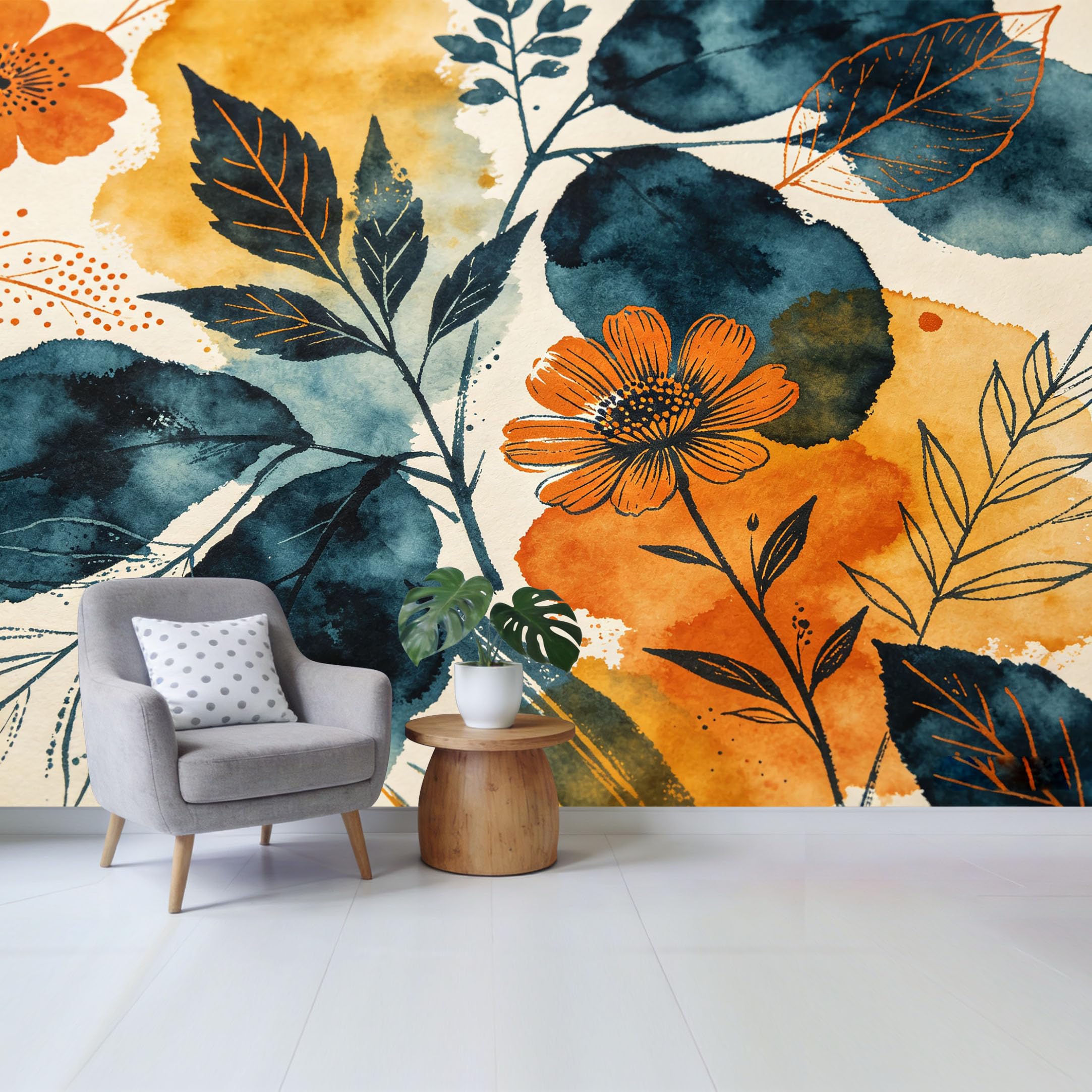 Qzlithotic Yq2605250900 Custom Size Wall Mural Watercolor Botanical Floral Leaves Modern Abstract Art Selfadhesive Wall Fabric Removable Wallpaper For Home Office Decor