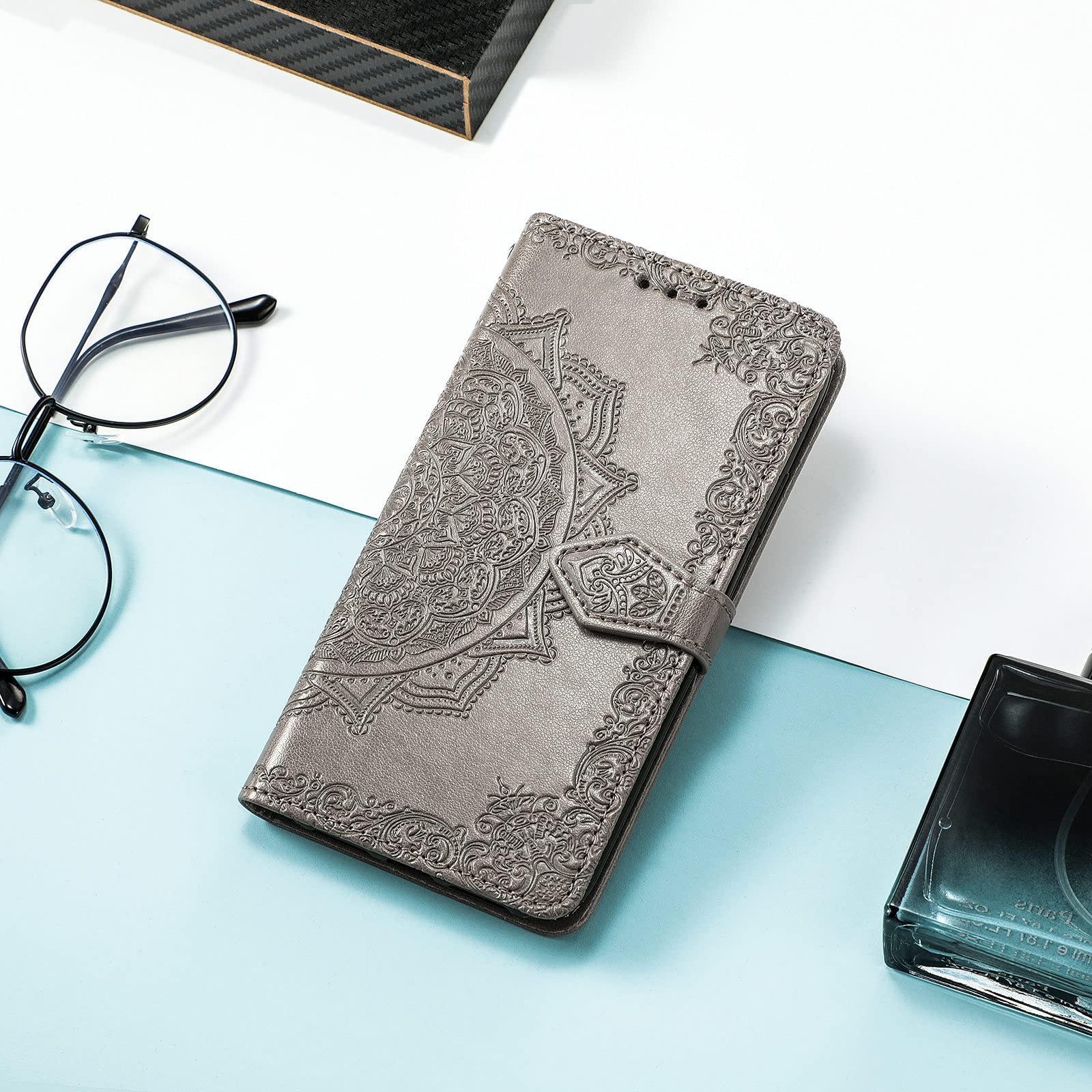 Rojeuinn Cover per Realme C61/C63 4G custodie,Premium Portafoglio Magnetica Flip Case,Custodia con fibra di carbonio-Nero