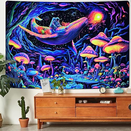 Miniatura 8 de Uspring Trippy - Tapiz de calavera con luz negra, tapiz gótico de esqueleto de gato, tapiz de ojos hippies, tapiz grande con rayos UV, tapiz