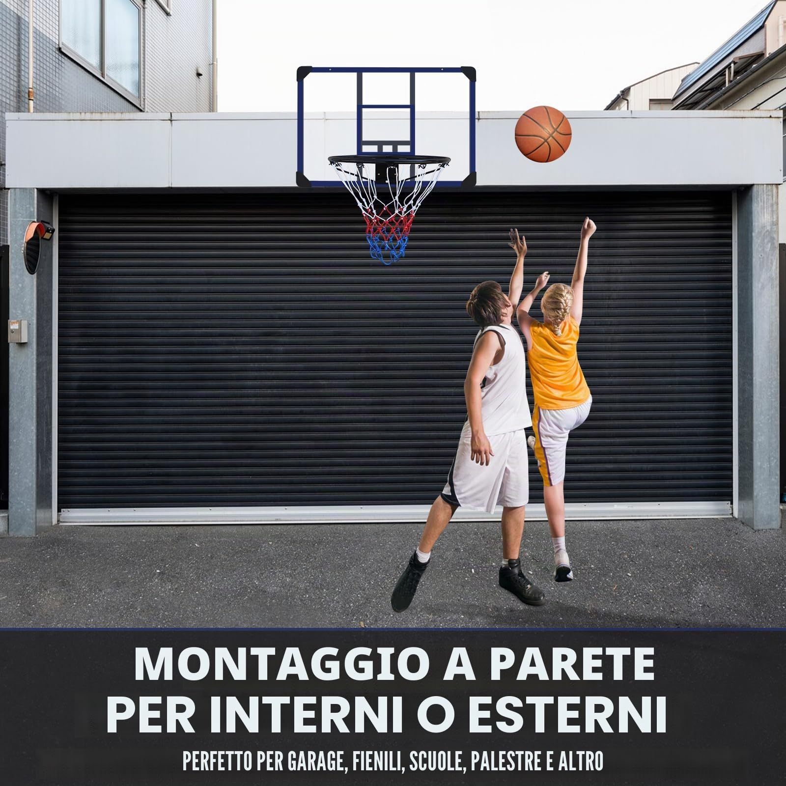 Canestro da basket da parete, 89 x 60 cm, retro infrangibile, telaio pieghevole, telaio resistente e rete per tutte le stagioni, per uso interno ed esterno