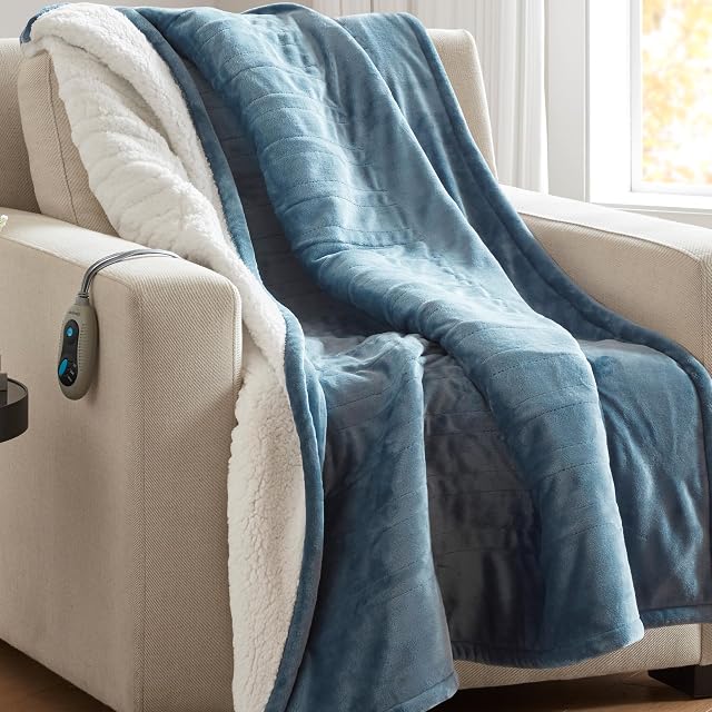 Beautyrest Beautyrest Reversible Heated Throw - Plush Sherpa Heating Blanket, Blue | Dual-Sided Electric Throw Blanket With 3 Heat Settings & 2 Hr Auto Shut Off , Oeko-Tex Certified & Machine Washable, Blue, Throw (50 in x 60 in)
