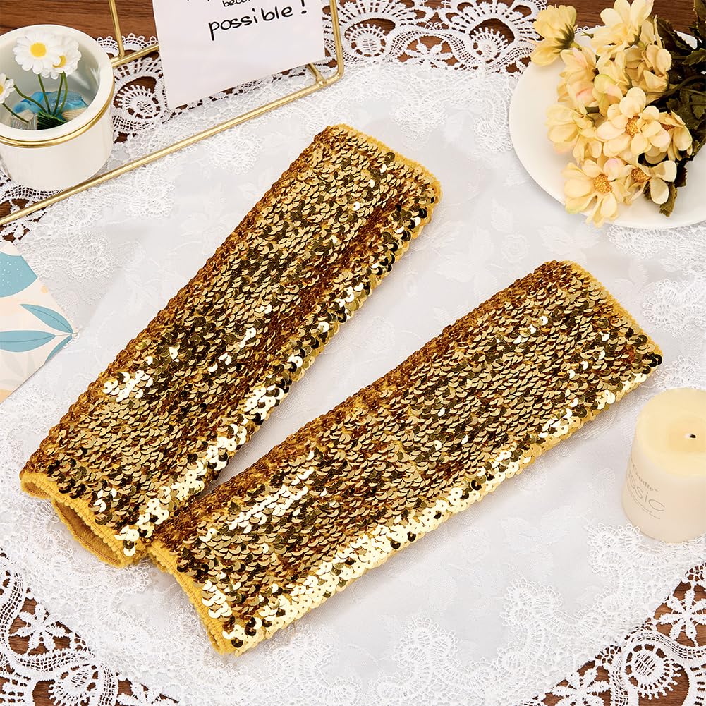 CABODYALS 1 Pair Gold Sequin Long Gloves Glitter Metallic Sequins Elastic Fingerless Glove Shiny Sparkly Stretchy Oversleeves Rave Arm Sleeves Bulk for Women Evening Party Cosplay Dance Accessories - Image 3
