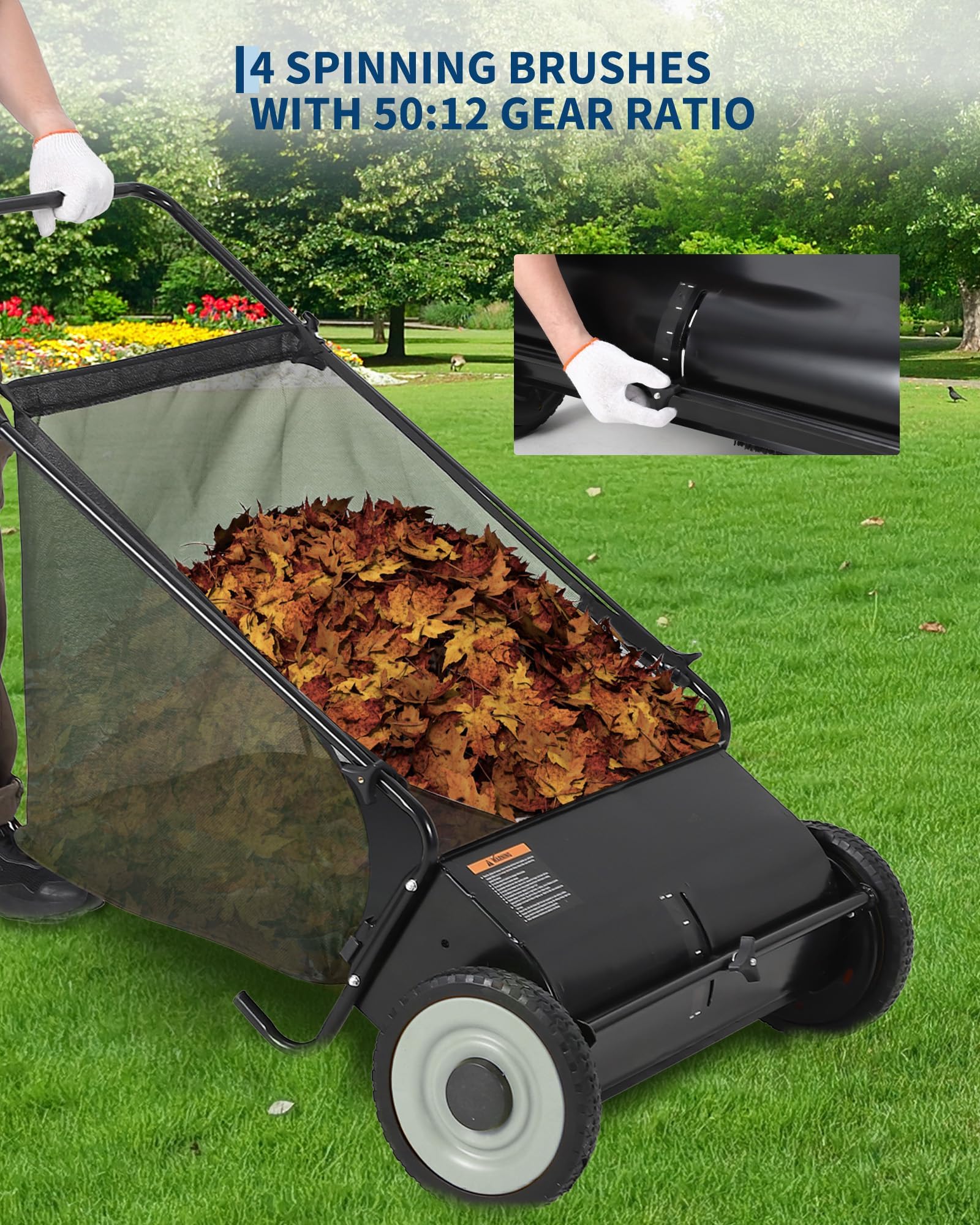 Garvee Barredora de Césped Manual de 53 cm, Recogedor de Hojas de Acero con Altura Ajustable, Limpiador de Empuje para Jardín y Patio, Bolsa de Gran Capacidad, Acabado Integral en Color Negro