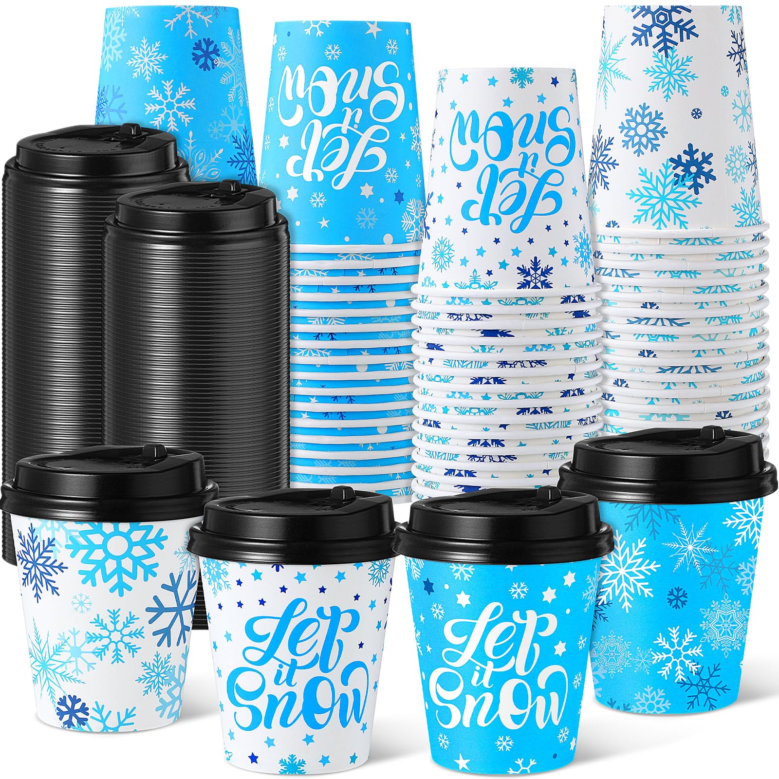 Jingmore 100 Set Winter Paper Cups with Lids Winter Disposable Hot Cold Coffee Cups for Holiday Party Supplies(Blue White,8oz,Snowflake)