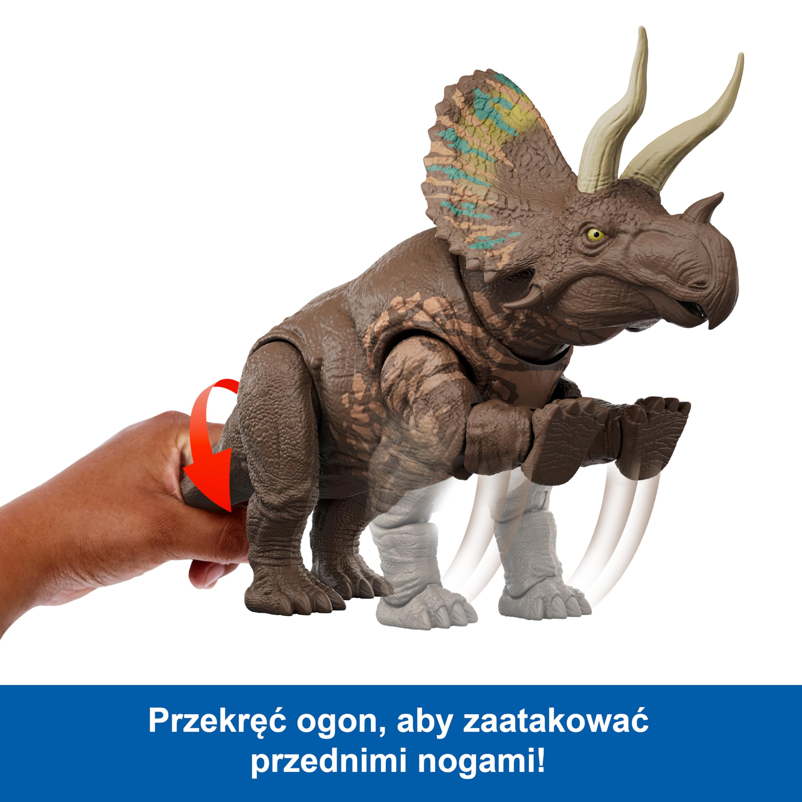Mattel Jurassic World: Odrodzenie Dinozaur Gigantyczny atak Eotriceratops Figurka dinozaura z 2 atakami aktywowanymi ogonem, zabawka dinozaur dla dzieci, zabawa realna i wirtualna, JGB93