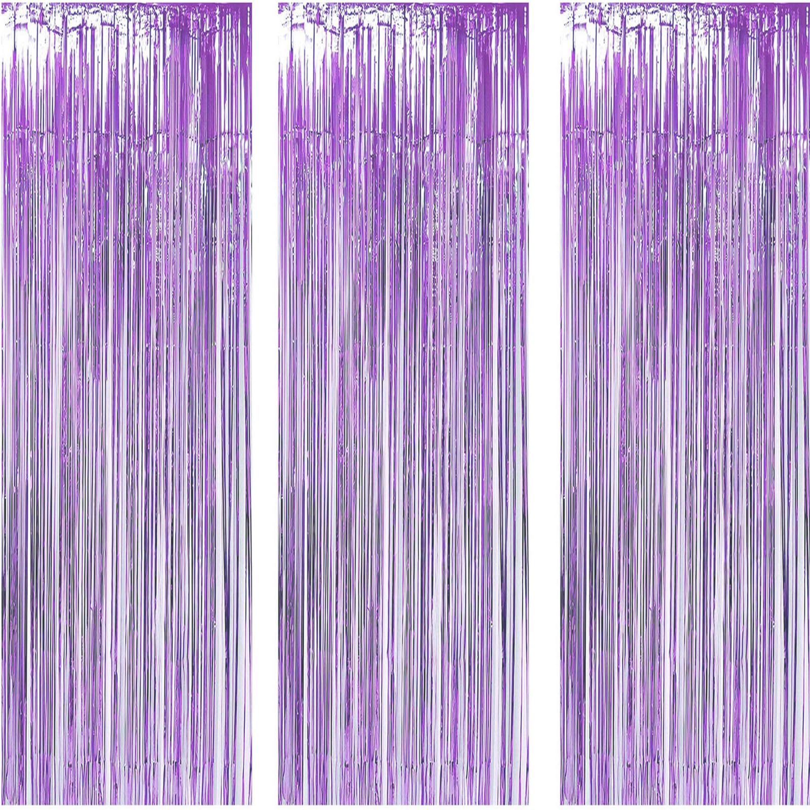 AILEXI Set di 3 tende metalliche glitterate foglie, frangia, tenda per porta, finestra, decorazione per compleanno, accessori da sposa, 92 x 245 cm, viola