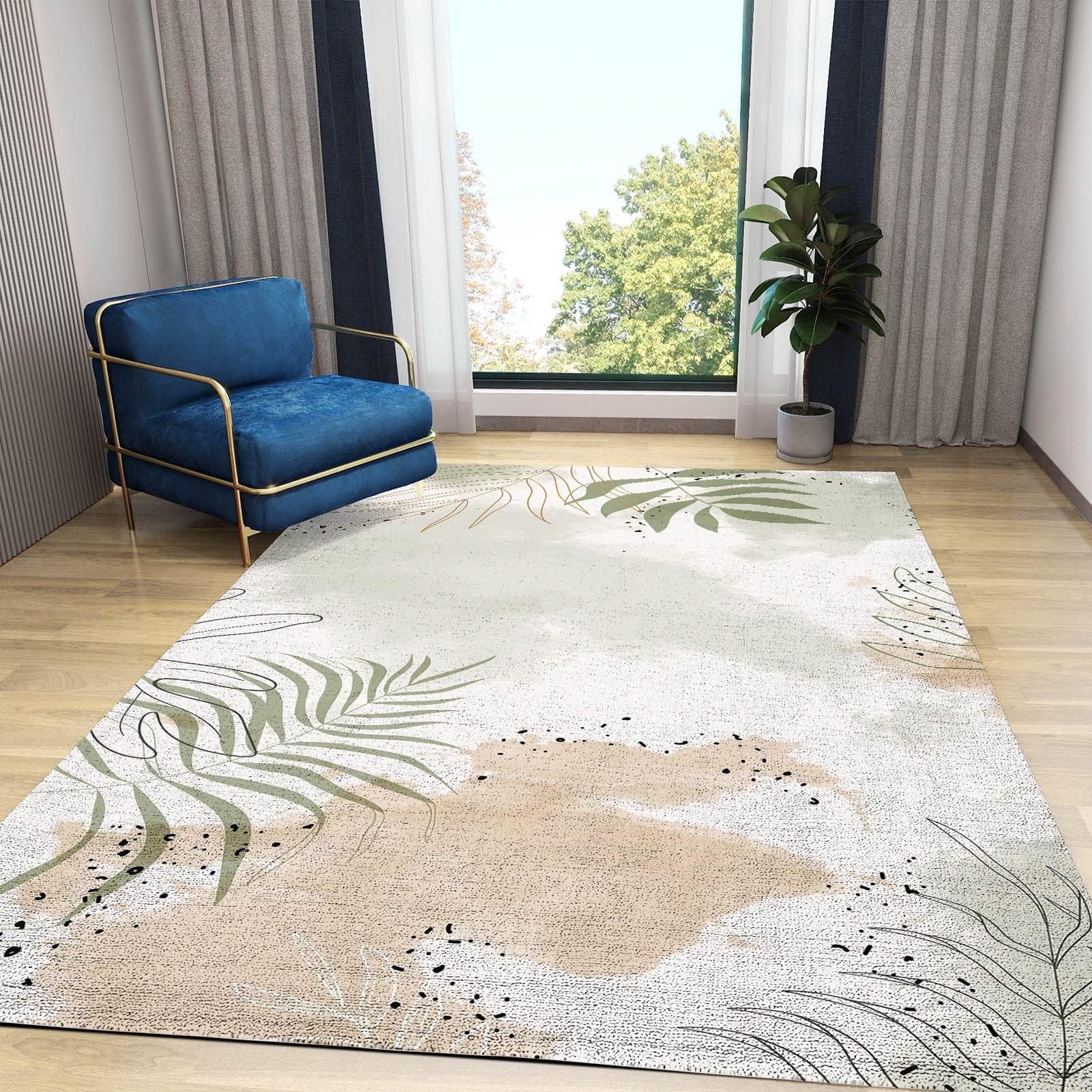 Tapis de Sol Minimaliste et Moderne à Motif de Feuilles de Plantes, Vert Sauge, Aquarelle Simple, pour Salon ou Chambre d'enfant (160 x 230 cm).