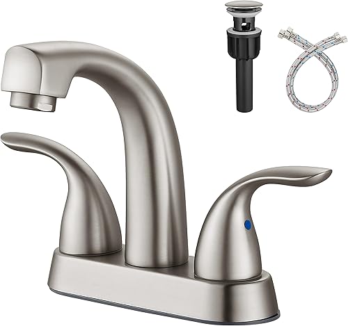 Miniatura 1 de Aolemi Grifo de baño de níquel cepillado de 4 pulgadas, grifo de fregadero de latón giratorio de 2 manijas para baño, con drenaje desplegable,