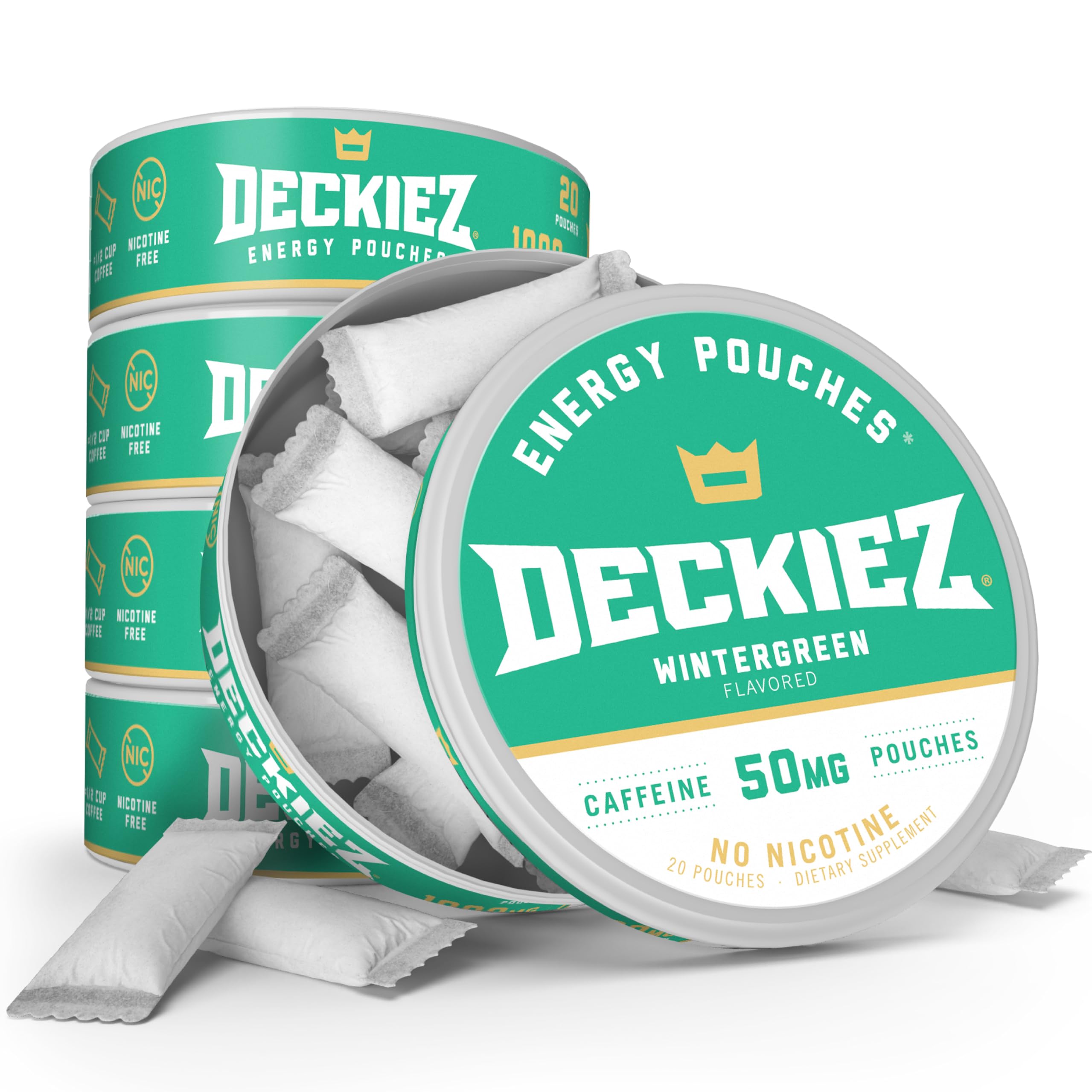 Deckiez Energy Pouches, 5 Cans (100 Servings), Sugar Free Caffeine Supplement, Coffee Pouches & Energy Drink Alternative, 50mg Caffeine Pouches, Wintergreen Flavor