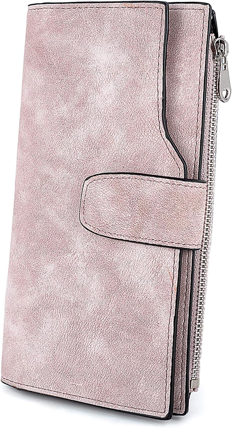 UTO RFID Wallet for Women PU Matte Leather Card Holder Organizer Zipper Coin Purse with Snap Closure Pink