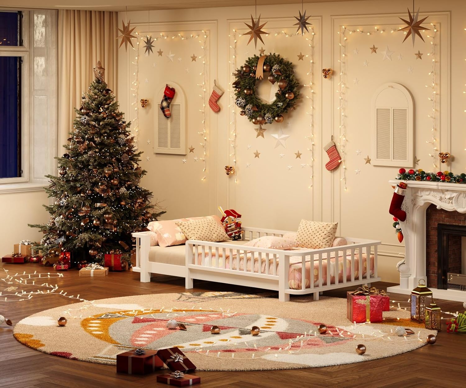 Twin Floor Bed for Kids,Toddler Montessori Floor Bed Frame with Rails,Solid Wood Low Profile Twin Size Bedframe with Wood Slats,Rounded Corner for Boys Girls,No Box Spring Needed
