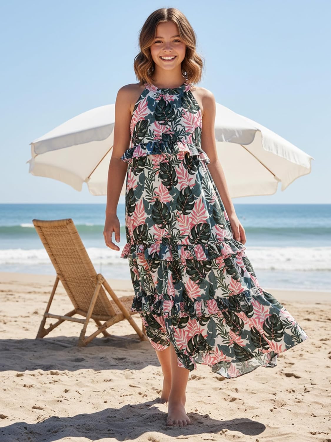 Girls Summer Dress Off Shoulder Palm Leaf A-line Sundress - Image 4