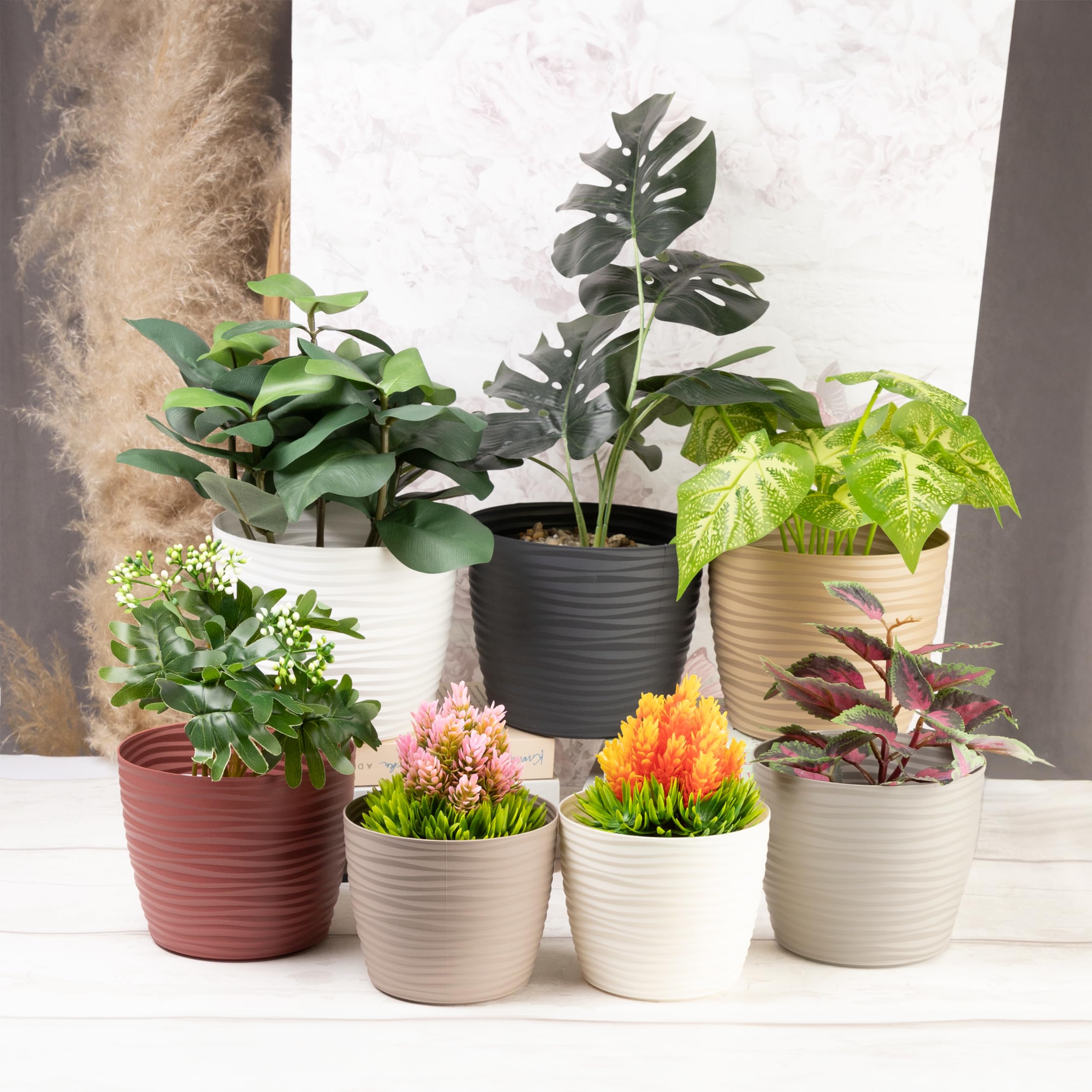 Home Garden Ornaments Plant Pots Indoor, Set of 3 Plastic Flower Pots, Unique Wave Design, No Drainage Holes - Image 3