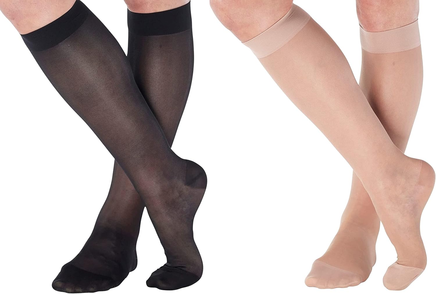 ABSOLUTE SUPPORT (2 Pairs) Sheer Compression Knee High Nylon Firm Support Stockings for Women 20-30mmHg - Made in USA - Black & Nude, Large