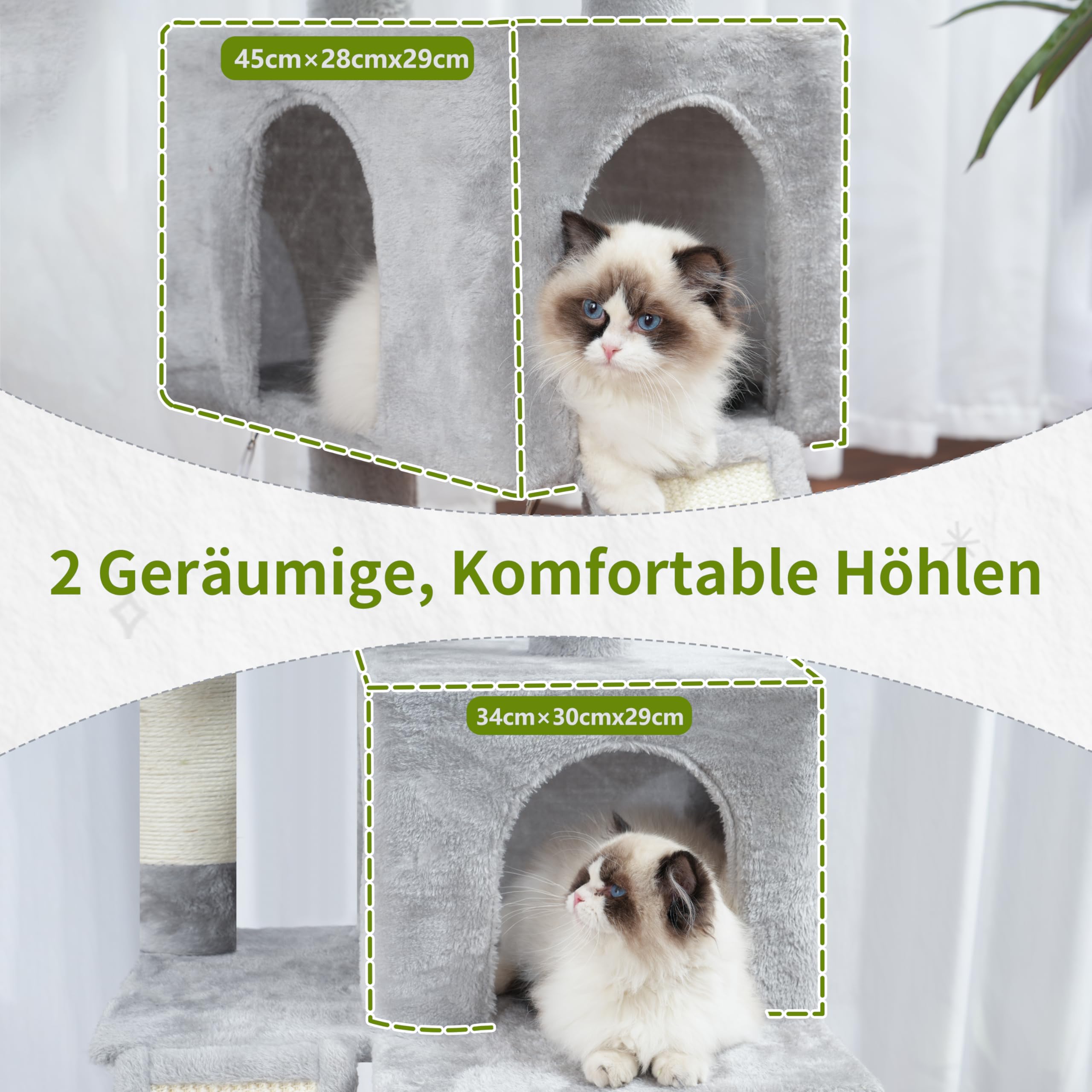 Gitelsnour Kratzbaum, Katzenbaum für Innenbereich, 180cm Katzenkratzbaum mit große ausgewachsene Katzen, 2 Kratzbrettern, 7 kratzbaume, 2 Plüsch-Plattformen, 2 Katzenhöhlen, Hellgrau GCT032W