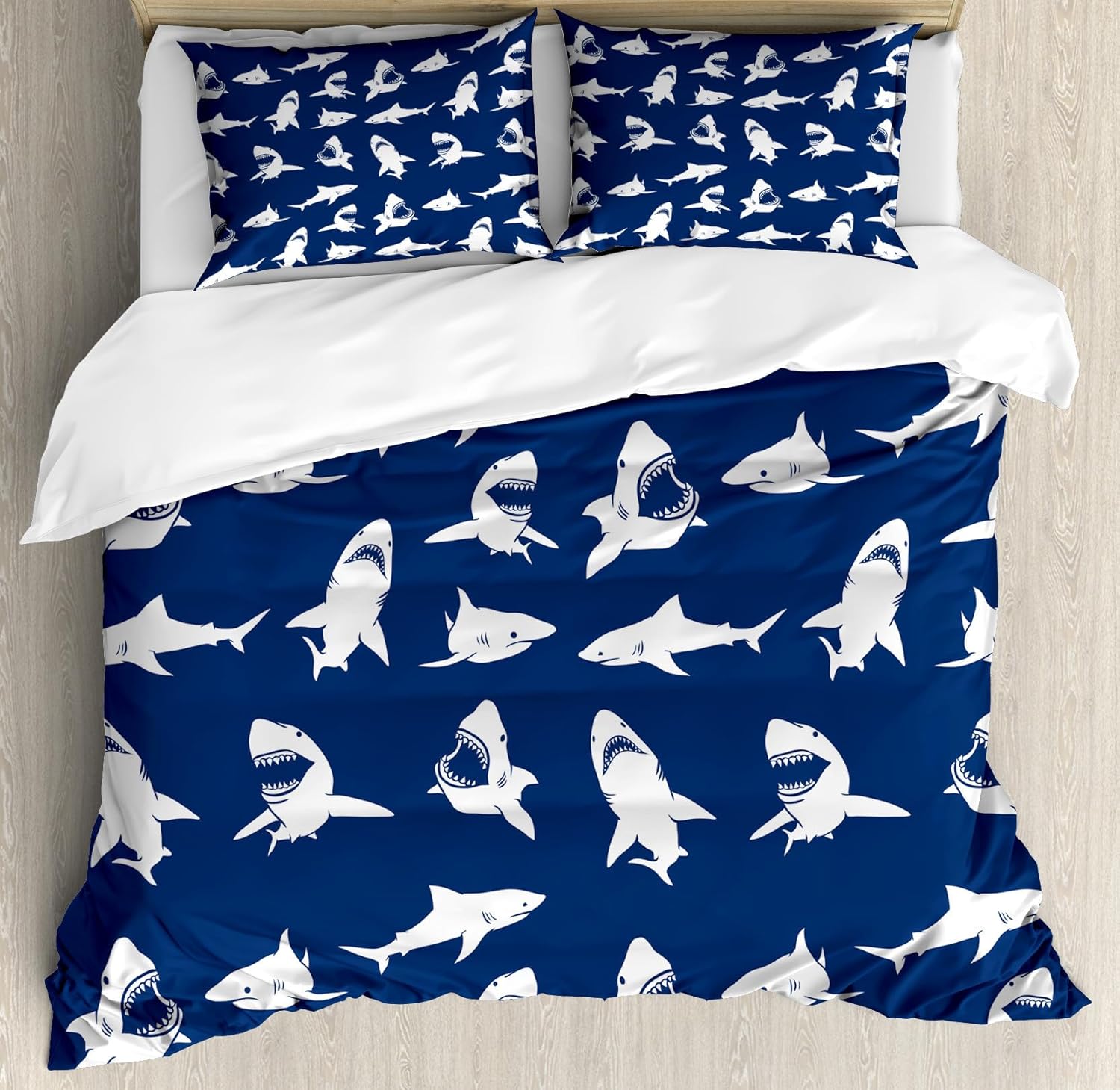 Ambesonne Shark Duvet Cover Set, Shark Pattern with Various Gestures Have a Bite Danger Humor Nautical Design, Decorative 3 Piece Bedding Set with 2 Pillow Shams, Queen Size, Violet Blue
