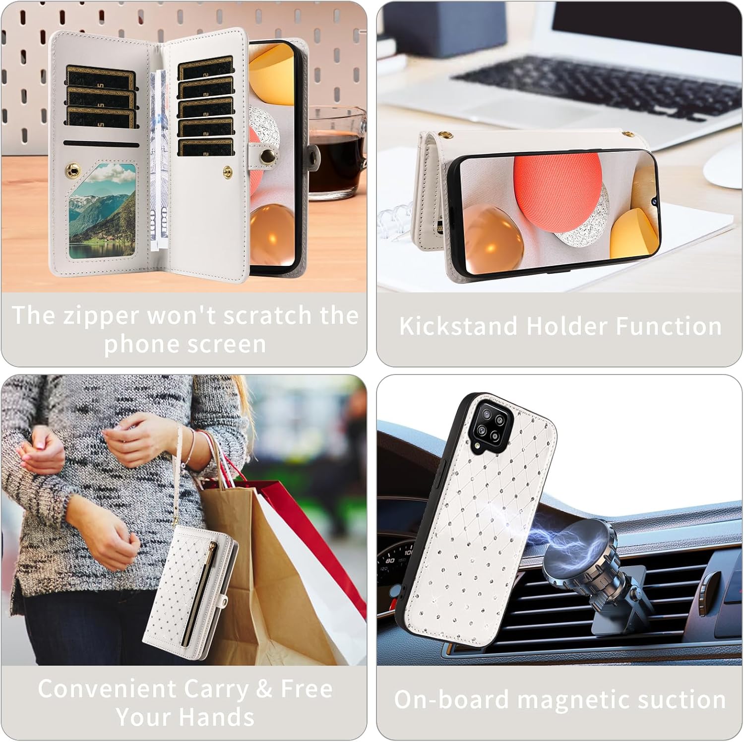Asuwish Phone Case for Samsung Galaxy A42 5G Zipper Wallet Detachable Cell Cover with Tempered Glass Screen Protector Crossbody Strap Bling Flip Credit Card Holder A 42 G5 42A S42 4G 2021 Women White