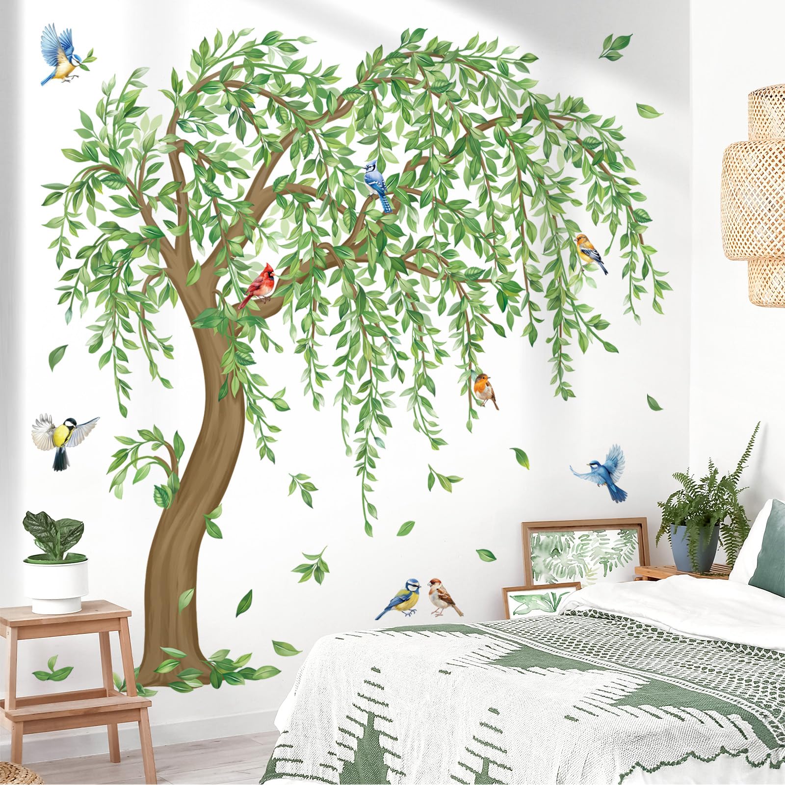 decalmile Pegatinas de Pared Arbol Verde Grande Vinilos Decorativos Hojas Plantas Verde Pájaros Adhesivos Pared Habitación Niña Dormitorio Salón