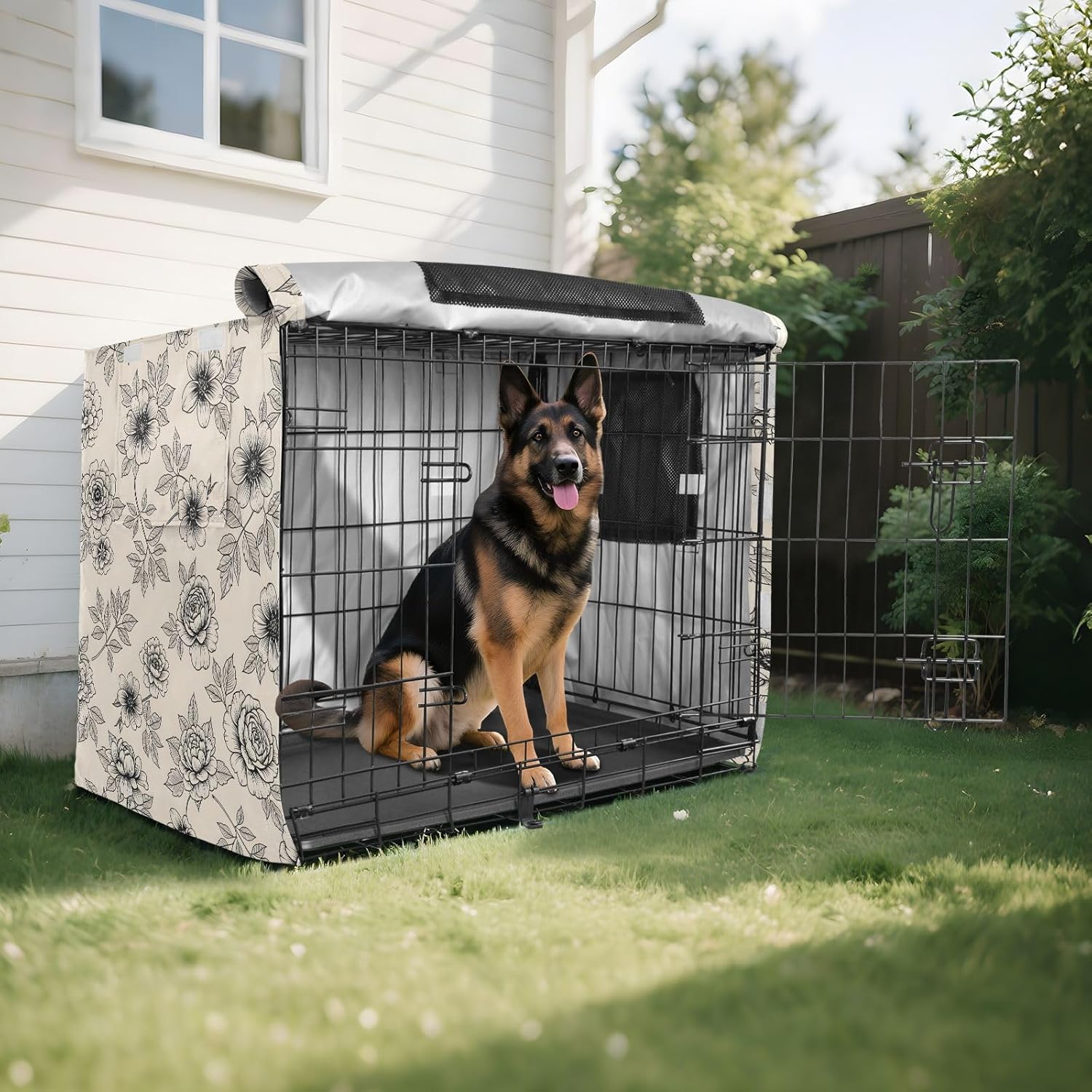 Black Flower Leaves Dog Crate Cover 600D Oxford Pet Kennel Cover with Mesh Window for Dog Cages, Windproof Waterproof Machine Washable, 48"x30"x33"