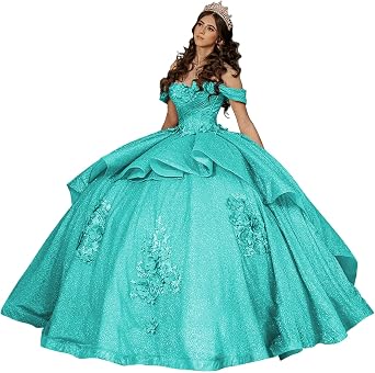 3D Flowers Quinceanera Dresses Lace Beaded Sweet 16 Dress | Tiered Off Shoulder Ball Gowns with Train, Sparkly Tulle Vestido de Quinceanera, Available in 0-26W