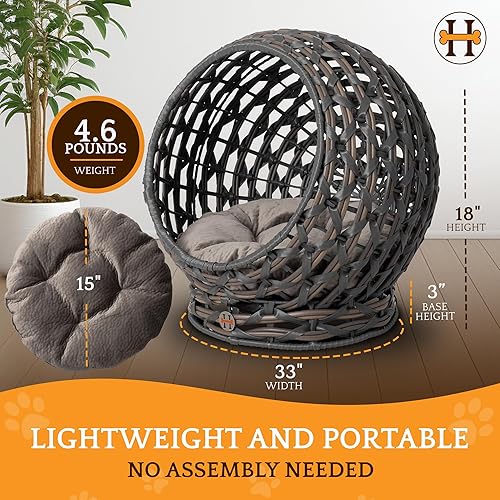 Miniatura 2 de Huntley Equestrian Pet Rattan Cat Bed Condo, Elevado con Cojín Redondo Gris (02196)