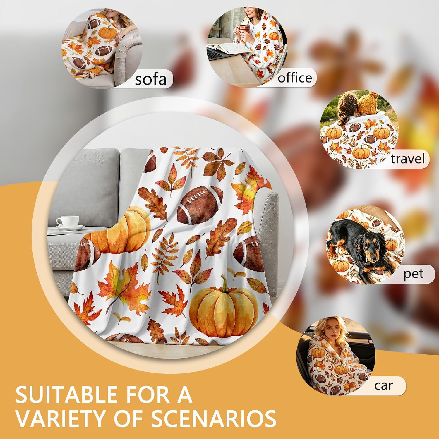 APROPHIC Fall Blanket Soft Cozy Flannel Watercolor 50x60 Inches, Autumn Pumpkins Football Rugby Maple Leaves Pattern Flannel Decorations for Bed Sofa Couch Camping Thanksgiving Gift