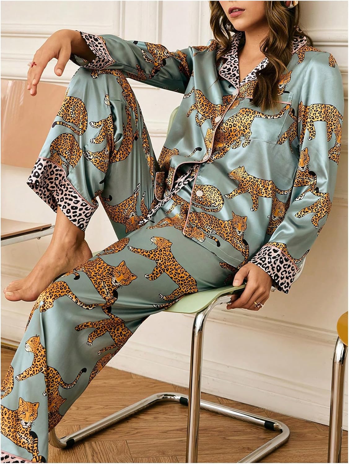 WDIRARA Women's 2 Piece Leopard Satin Pajama Set Long Sleeve Button Up Pants Sleepwear - Image 2