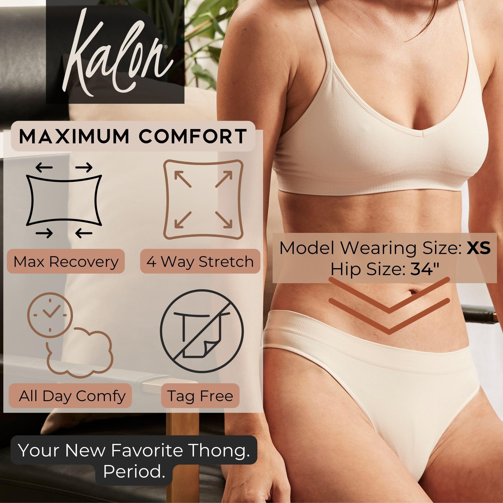 Kalon Women's 6 Pack Nylon Spandex Thong Underwear
