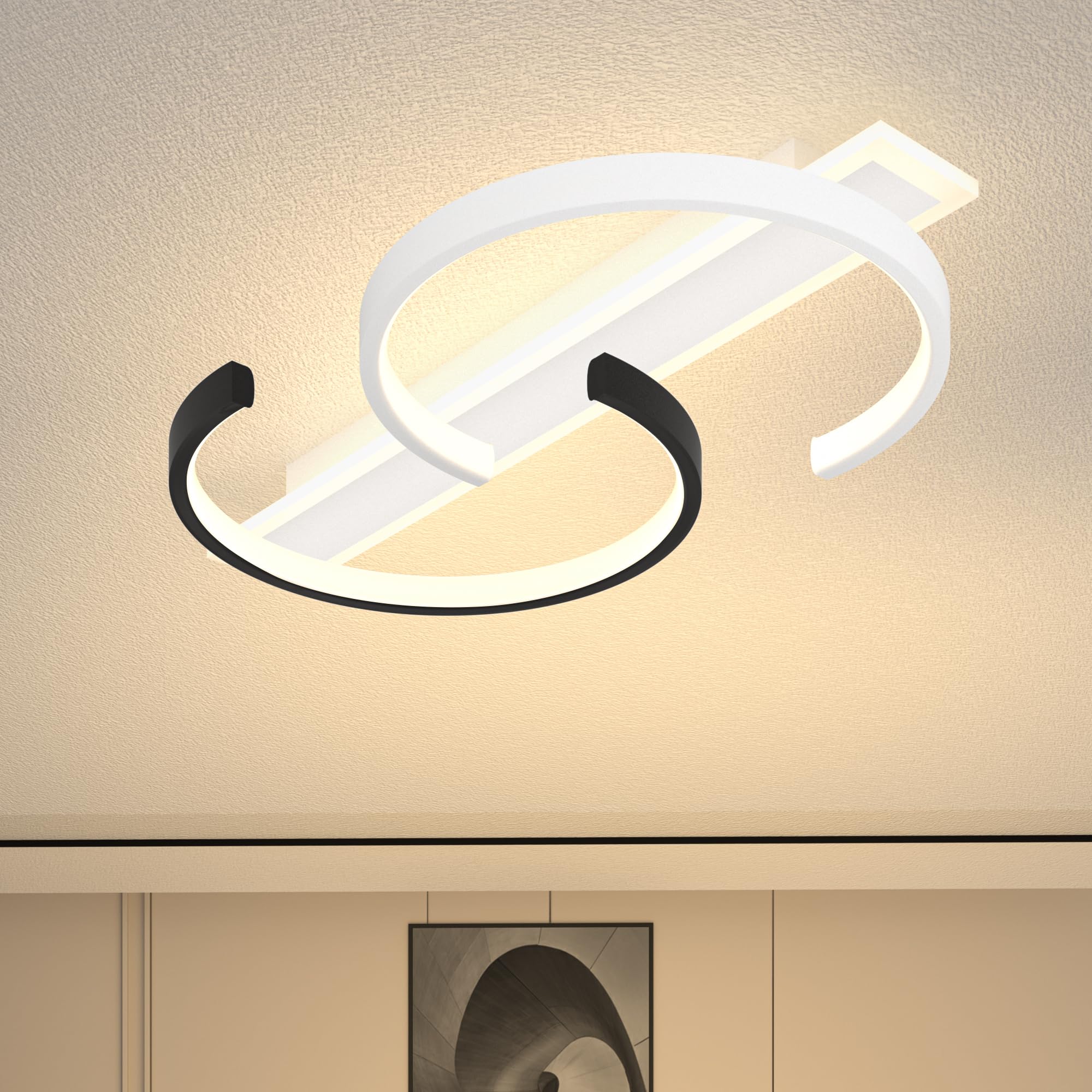 LED Deckenleuchte Dimmbar Deckenlampe Schwarz Wohnzimmerlampe 45W mit Fernbedienung 2-Ringen kreis Deckenleuchte Schlafzimmerlampe Arbeitzimmer Büro Modern Led deckenbeleuchtung-50cm Schwarz Weiß