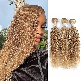 AUROO 27/613 Highlighted Multi-Blonde Bundles Human Hair Water Wave, 13A Grade Ombre Blonde Human Hair Wet n Wavy Curly 3 Bundles 100% Raw Brazilian Silky Colored Hair Weaves Extension 14/16/18 Inch